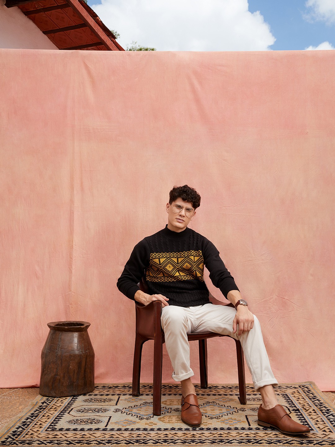 

Anouk Men Black & Mustard Yellow Cable Knit Turtle Neck Pullover
