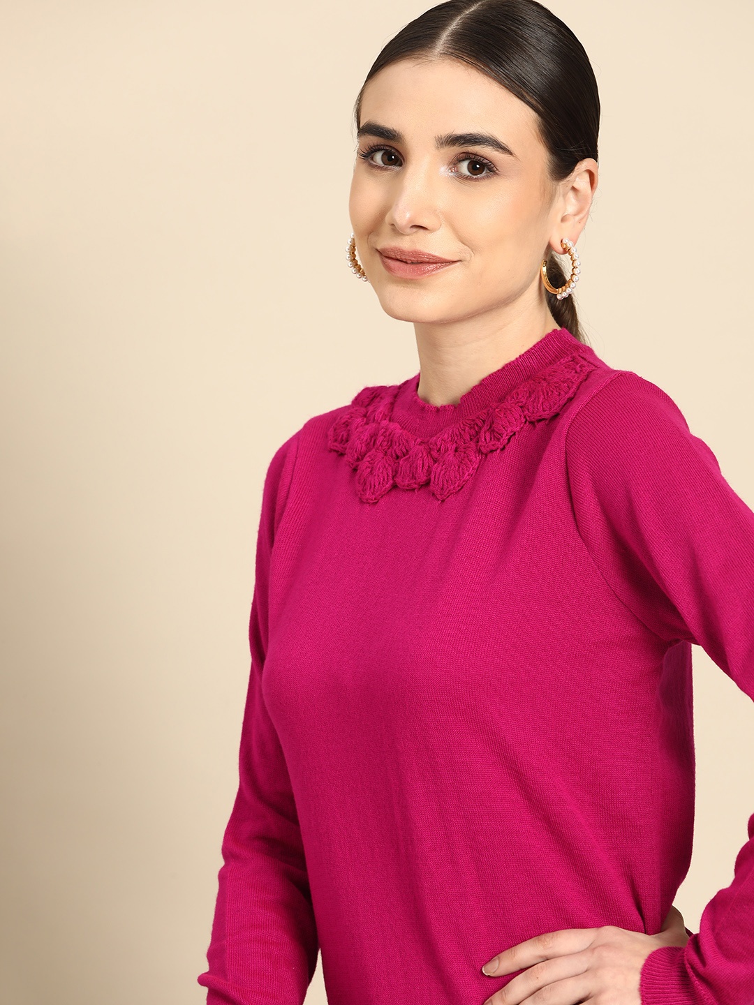 

Anouk Women Pink Solid Sweater with Embroidered Detail