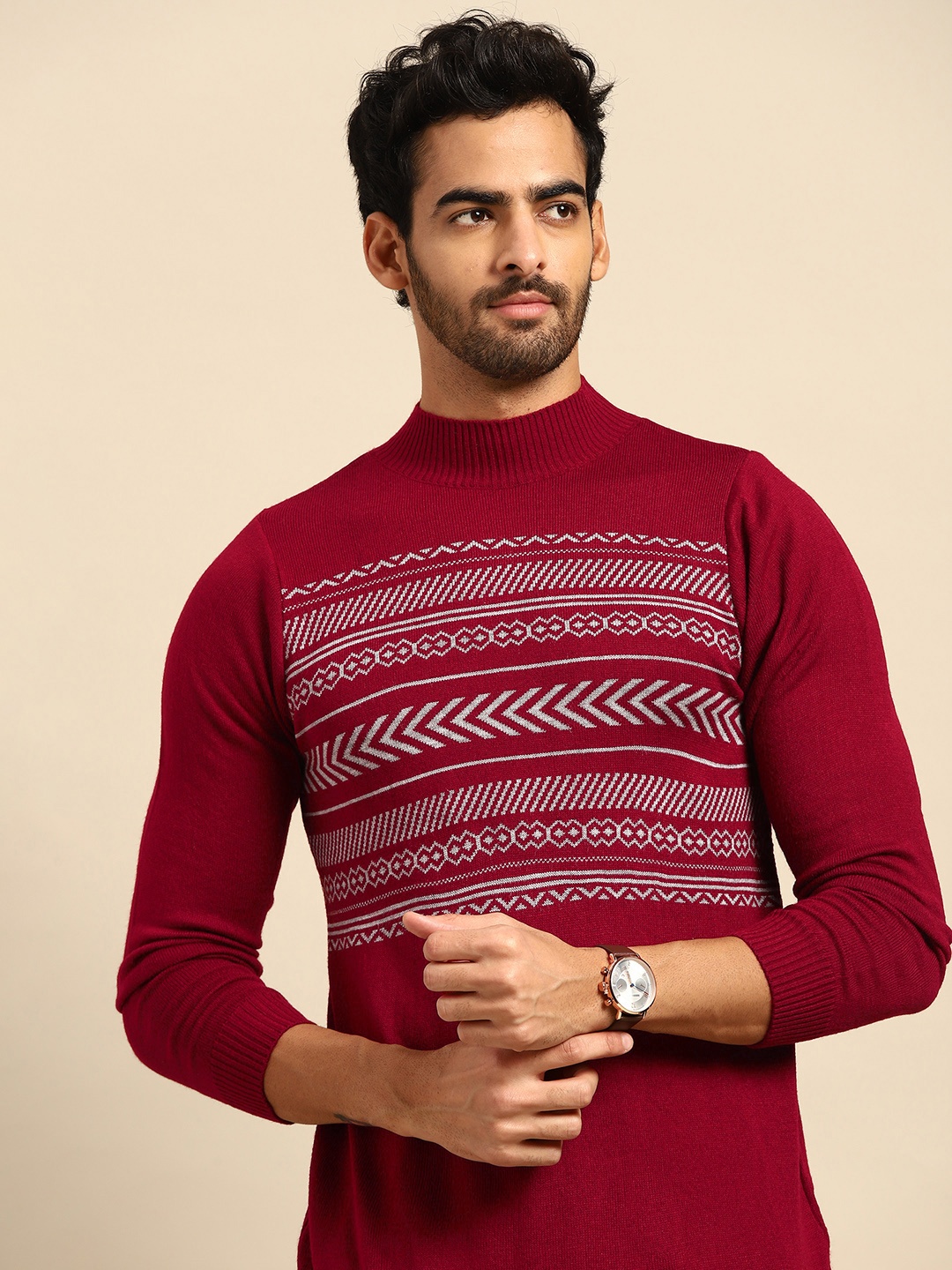 

Anouk Men Maroon & Grey Acrylic Geometric Pattern Sweater