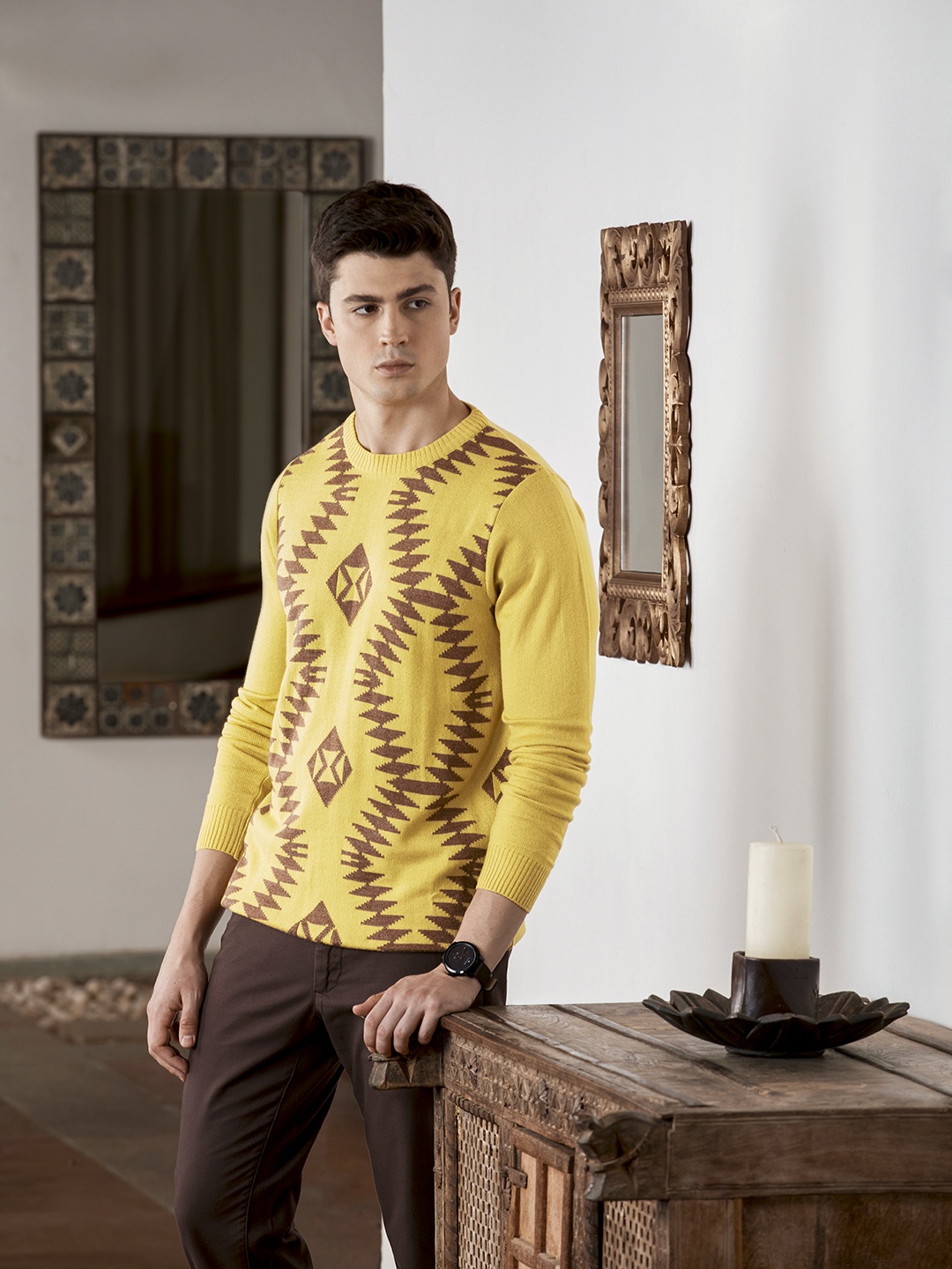 

Anouk Men Mustard Yellow & Brown Self-Design Pullover