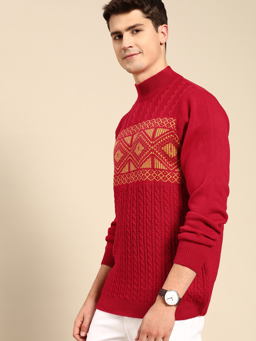 

Anouk Men Red & Yellow Cable Knit Turtle Neck Pullover