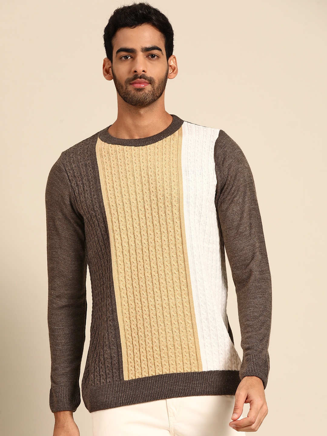 

Anouk Men Brown & Beige Cable Knit Colourblocked Pullover