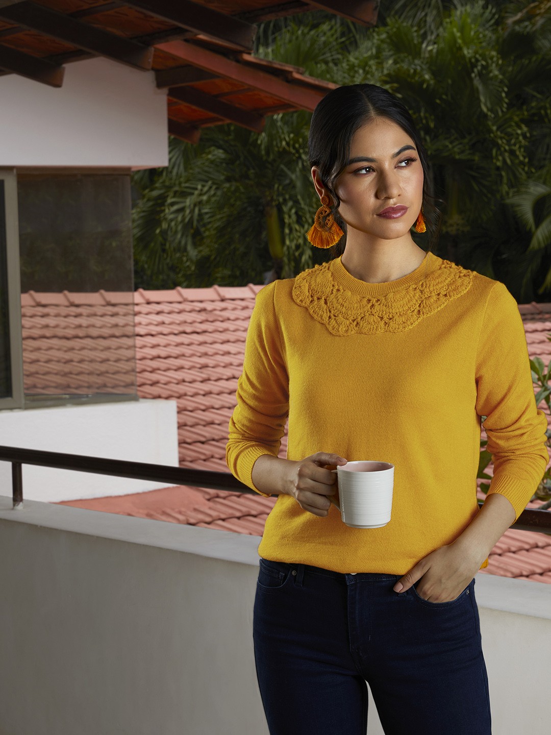 

Anouk Women Mustard Yellow Woven Design Detail Pullover