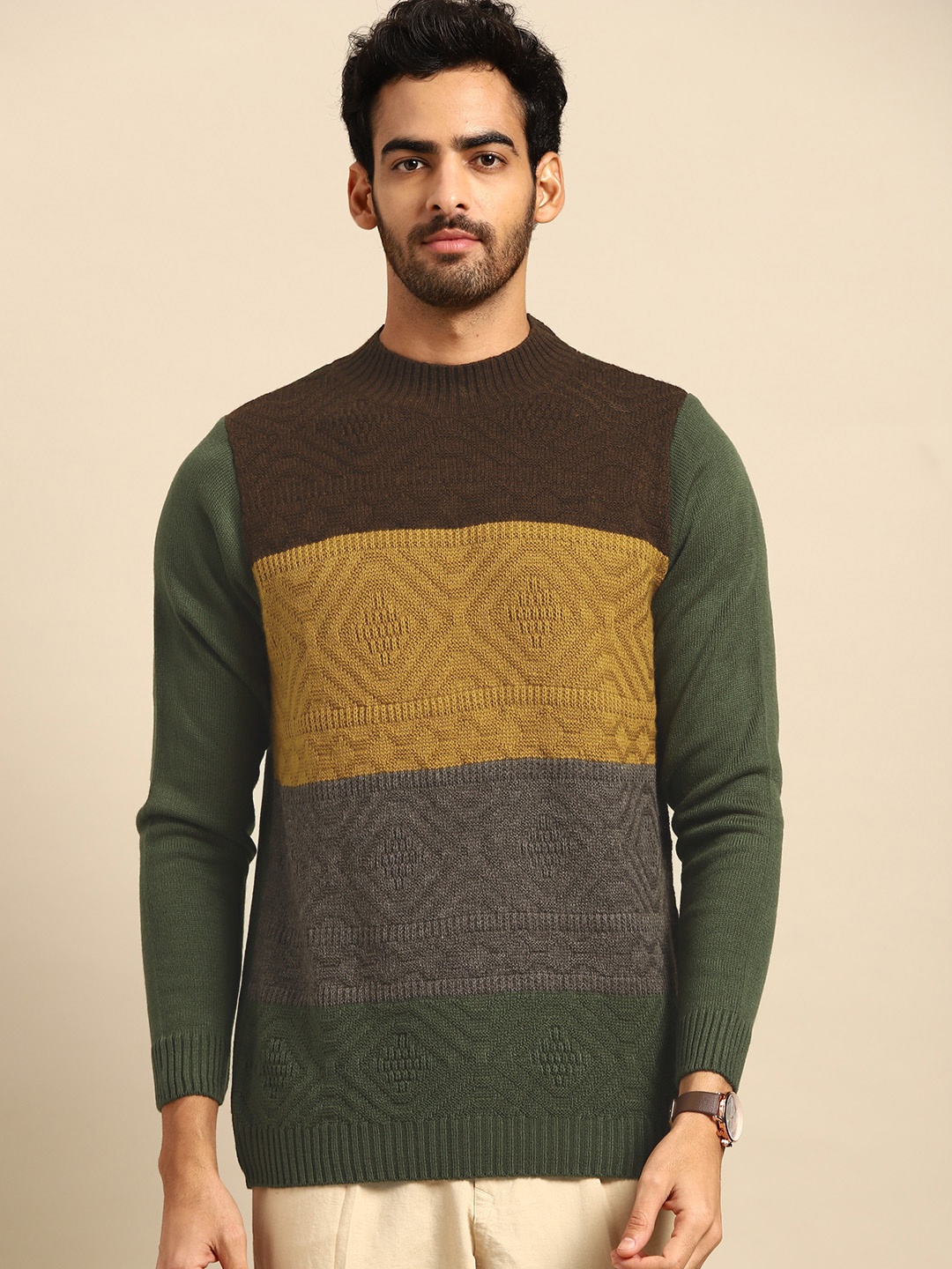 

Anouk Men Olive Green & Brown Colourblocked Pullover