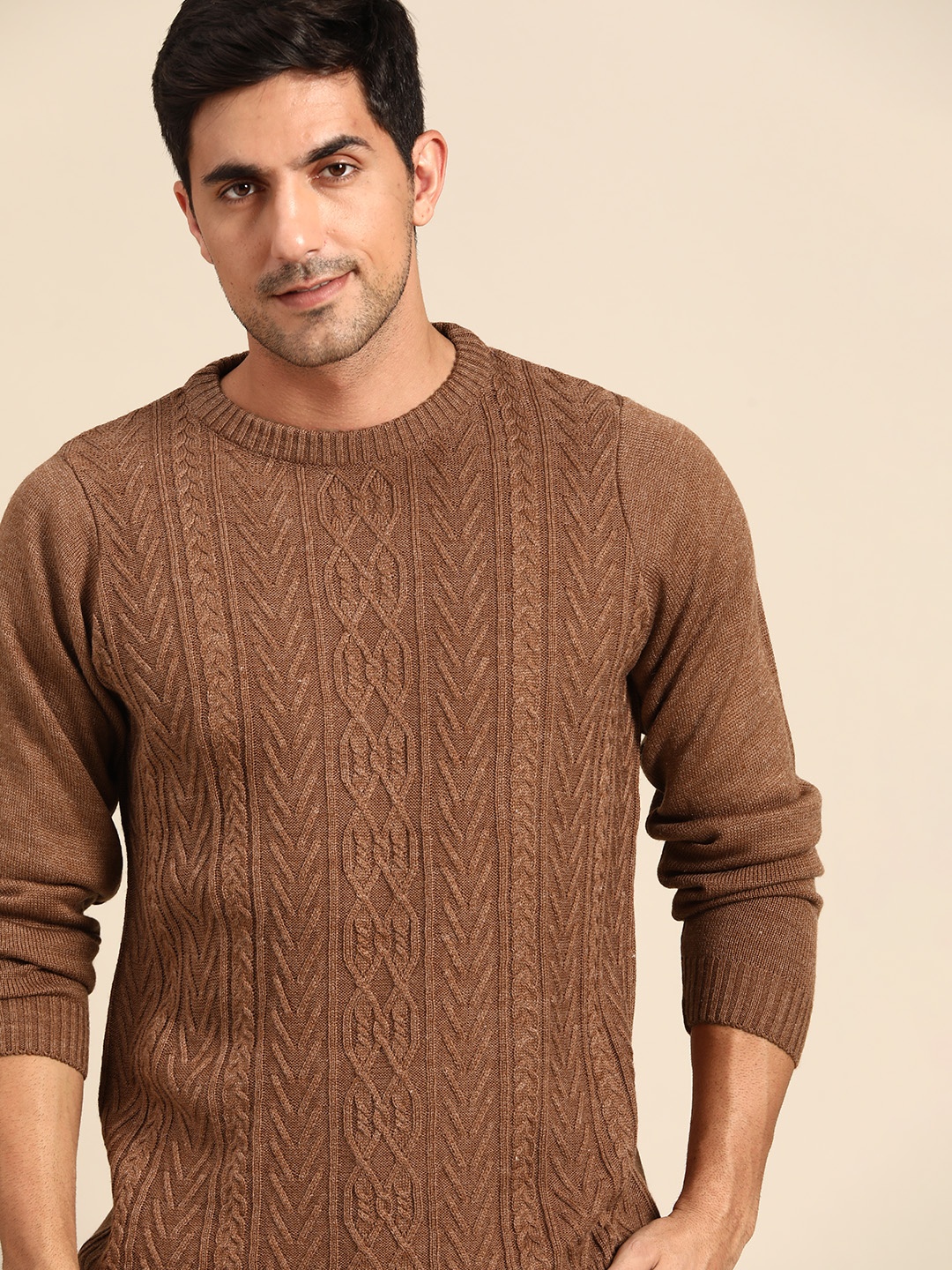 

Anouk Men Brown Self-Design Pullover