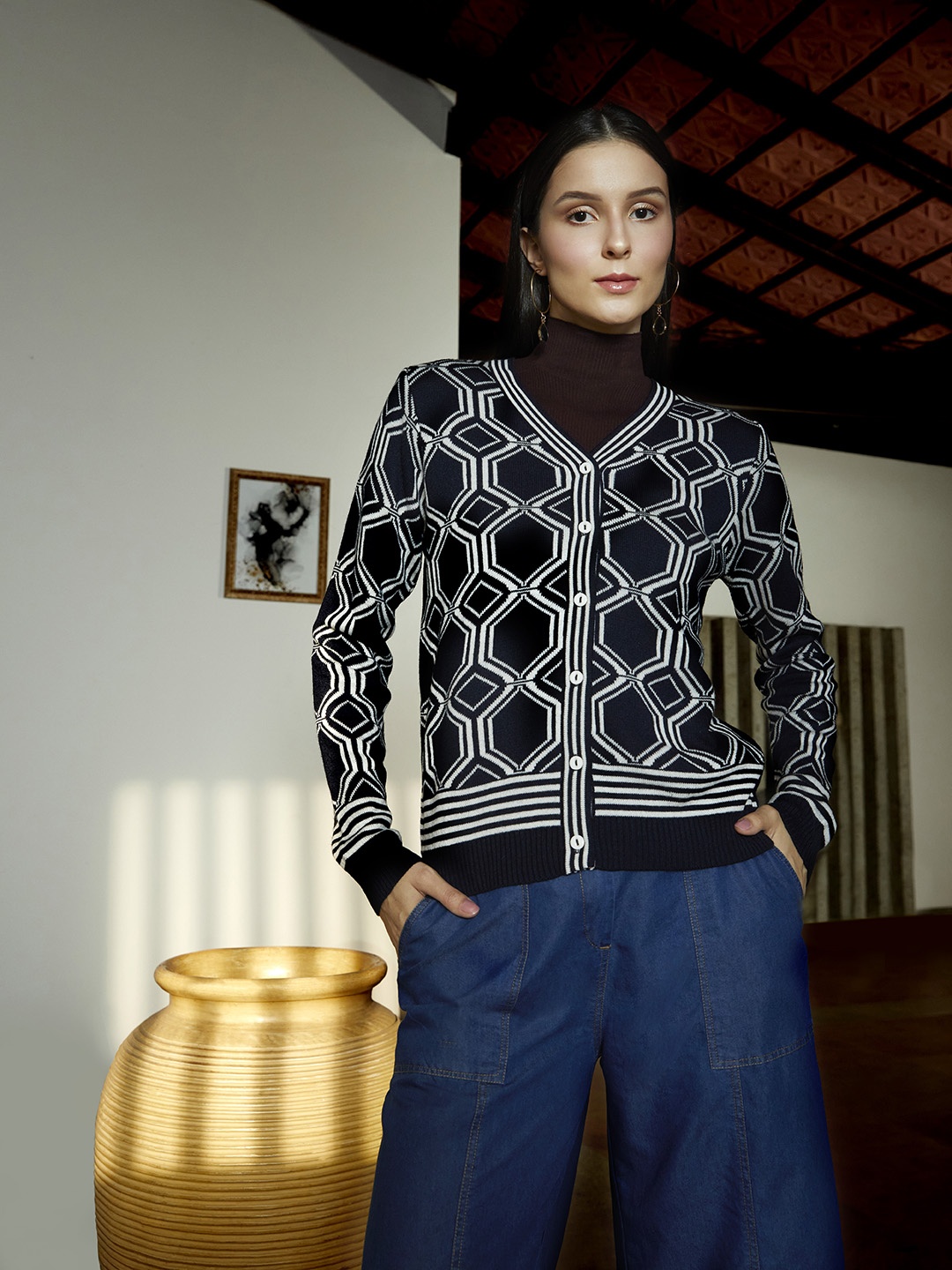 

Anouk Women Navy Blue & White Self Design Cardigan