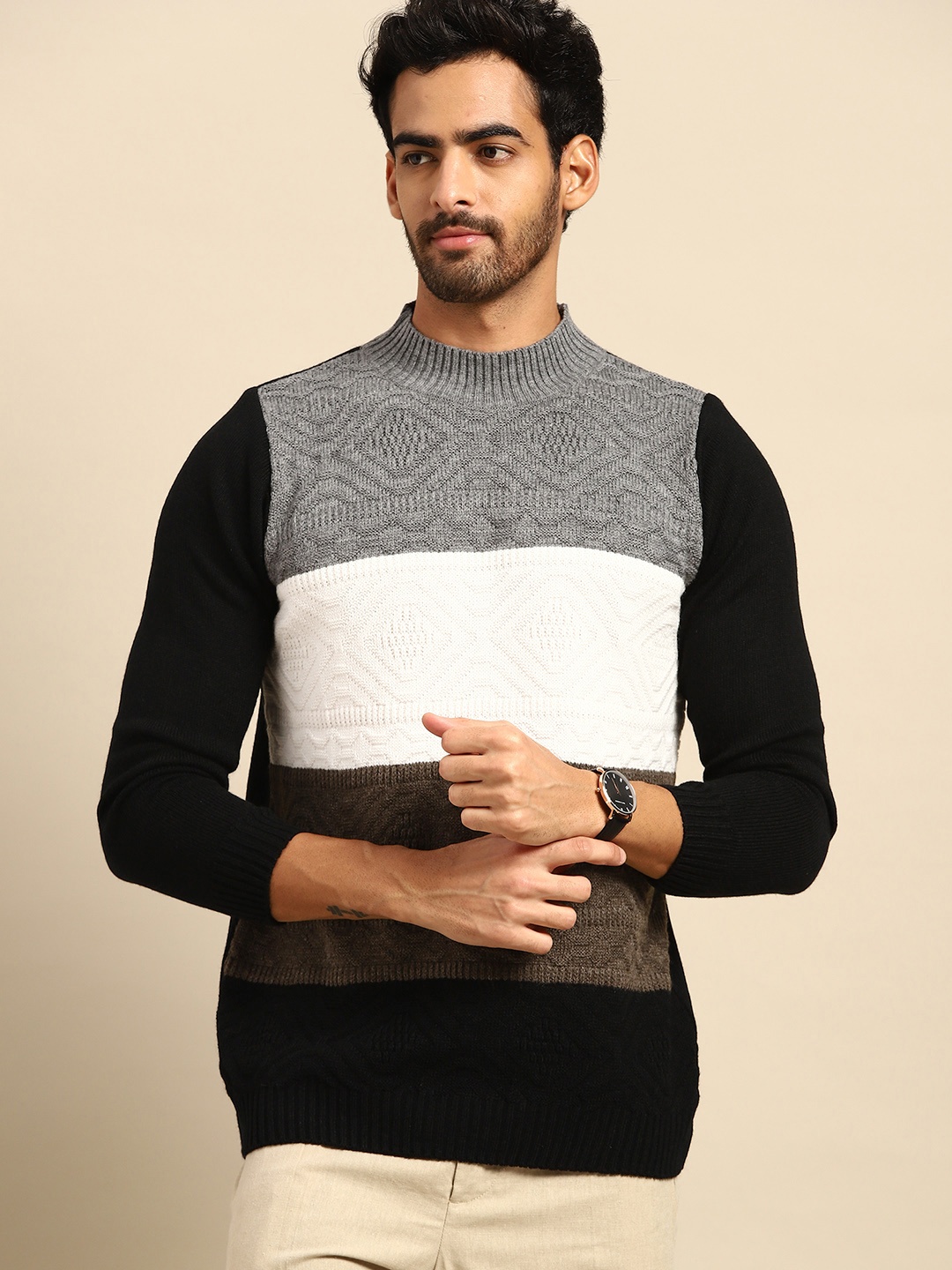 

Anouk Men Black & White Acrylic Striped Sweater