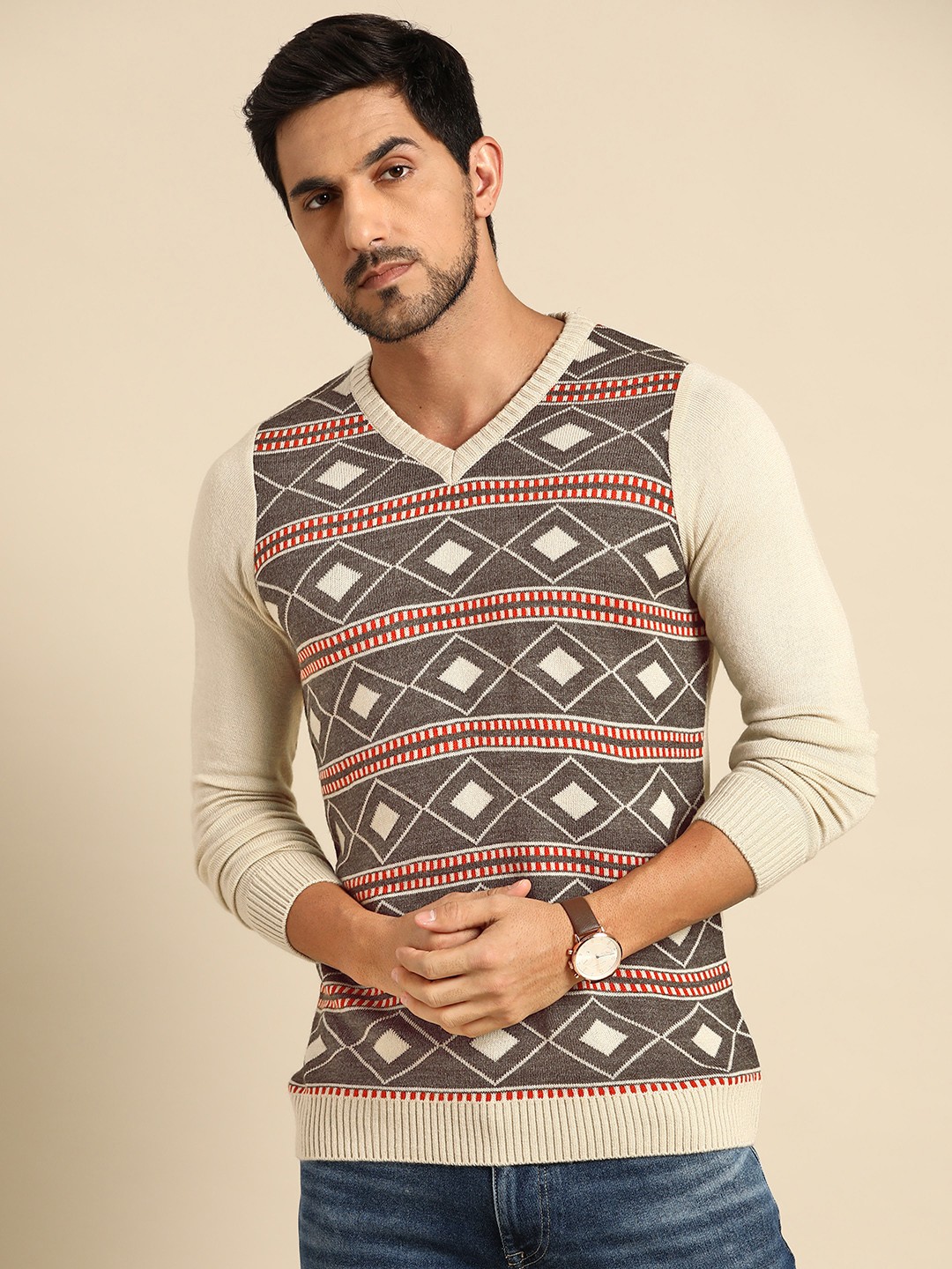 

Anouk Men Cream-Coloured & Brown Argyle Knitted Pullover, Beige