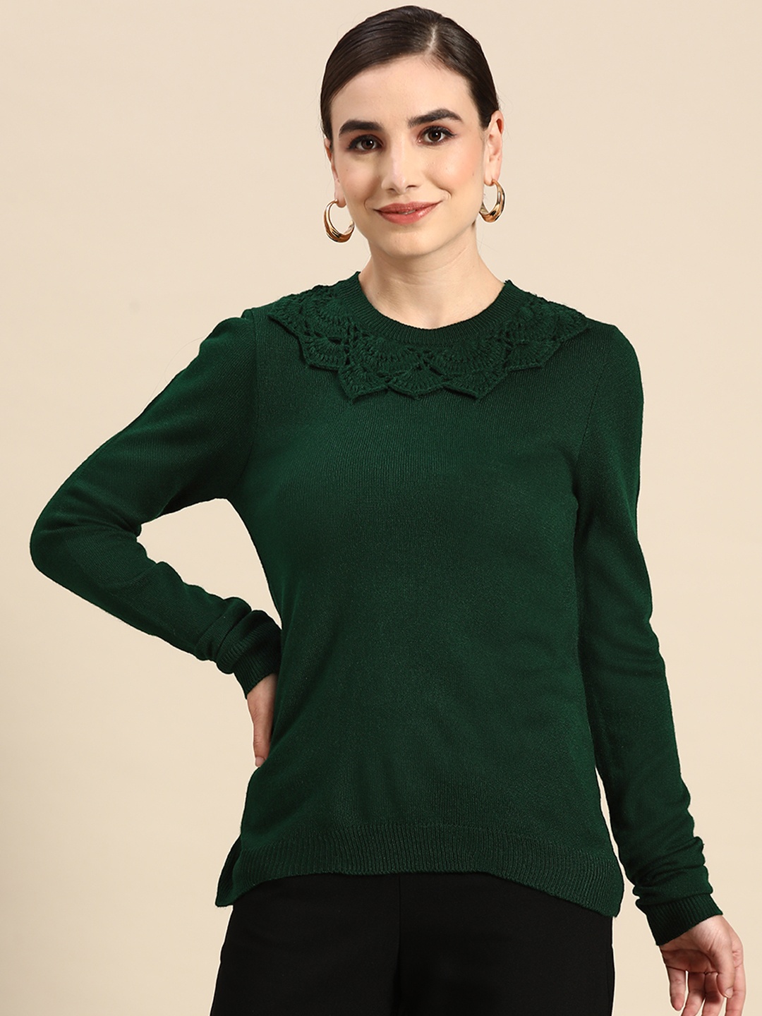 

Anouk Women Green Round Neck Pullover