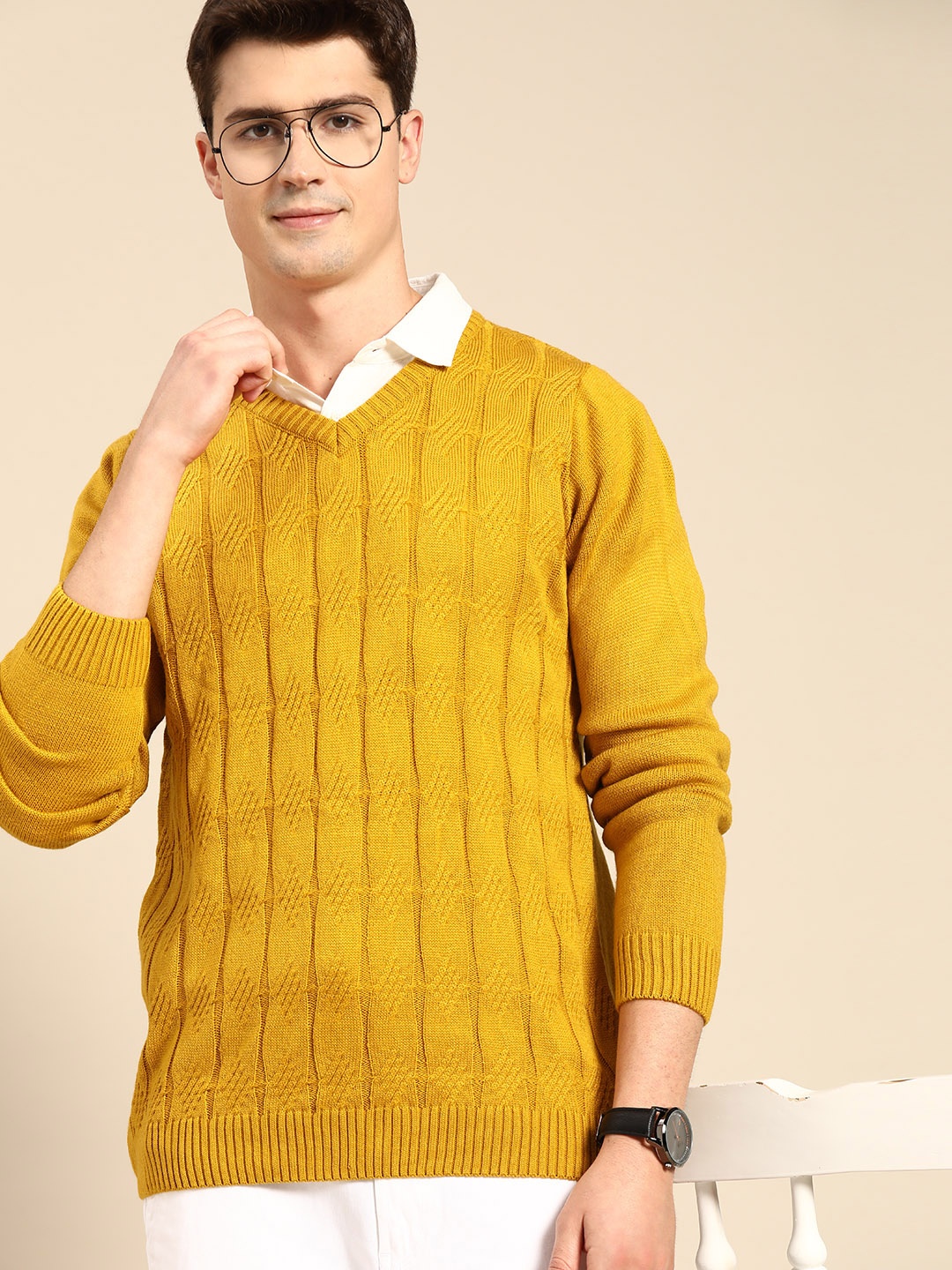 

Anouk Men Mustard Yellow Cable Knit Pullover