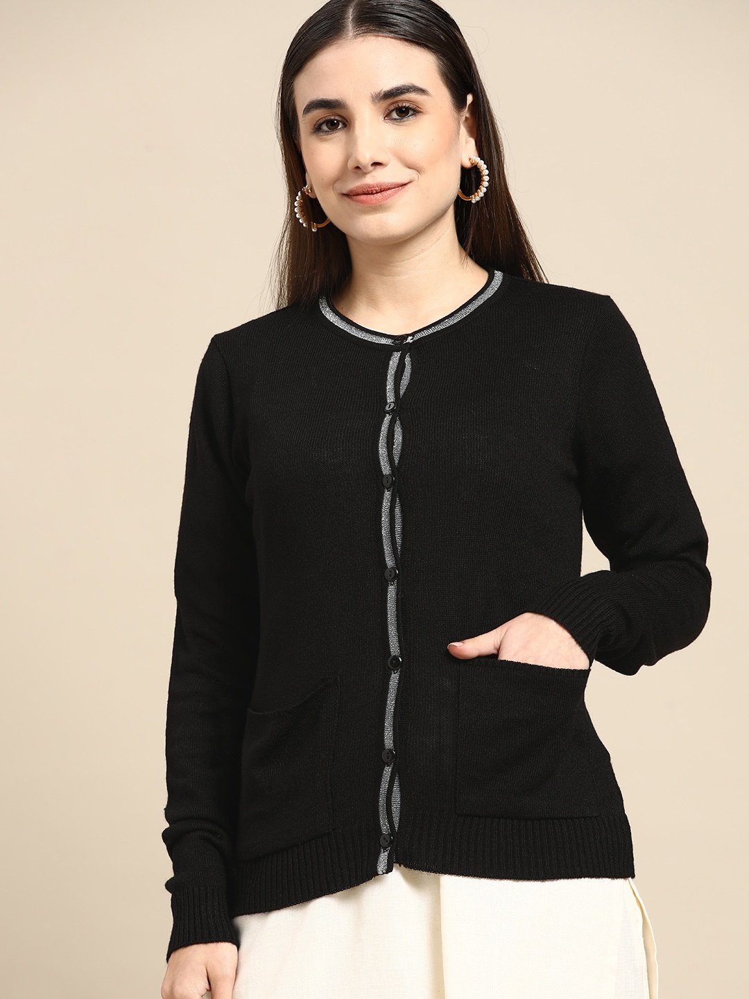 

Anouk Women Black Solid Acrylic Cardigan