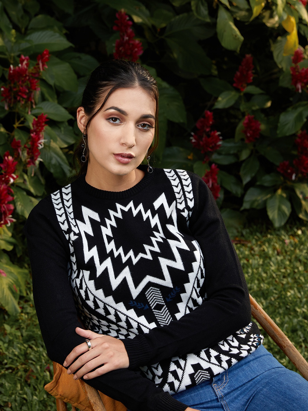 

Anouk Women Black & White Self-Design Pullover