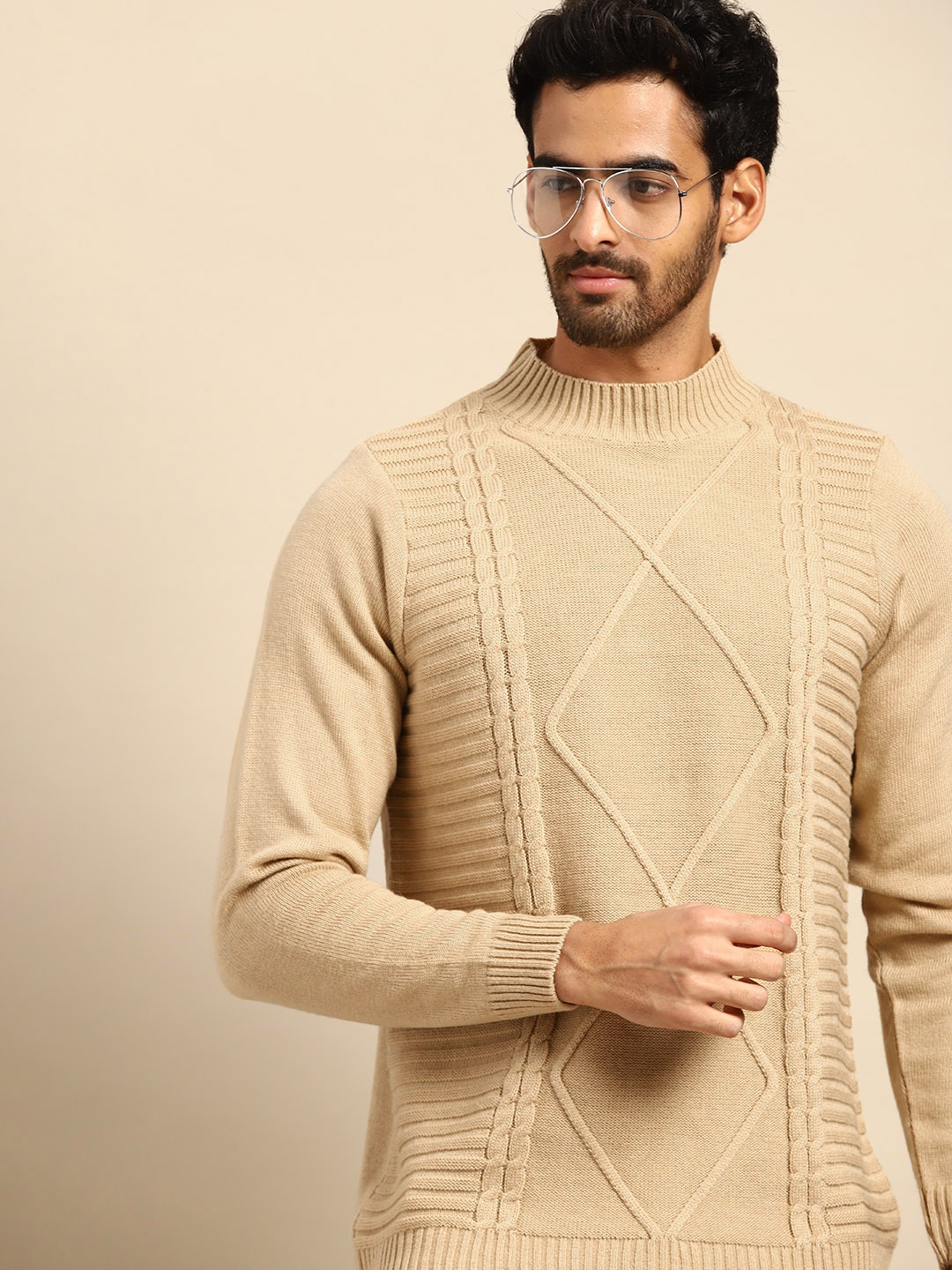 

Anouk Men Beige Self-Design Acrylic Cable Knit Sweater