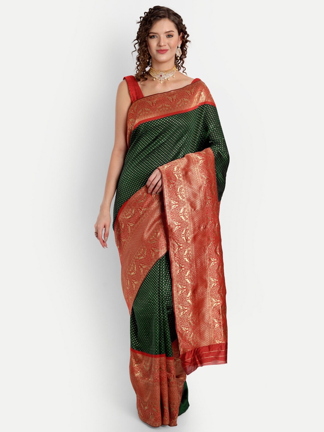 

ASPORA Green & Red Ethnic Motifs Wove Design Zari Silk Blend Banarasi Saree