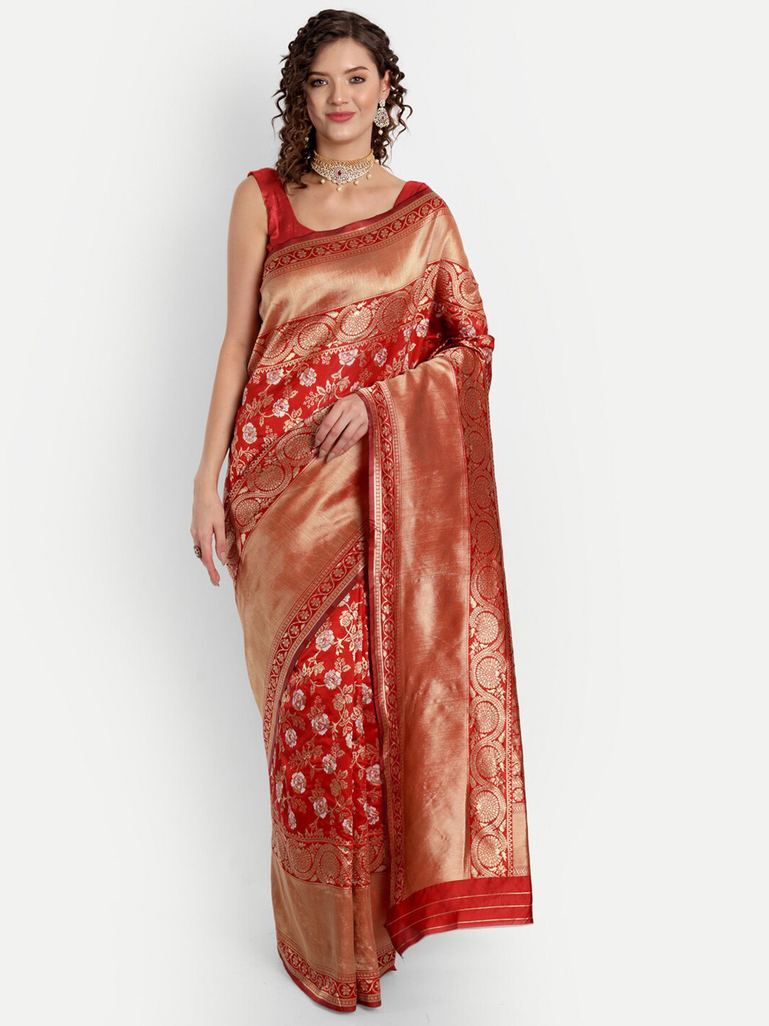 

ASPORA Red & Gold-Toned Floral Silk Blend Banarasi Saree