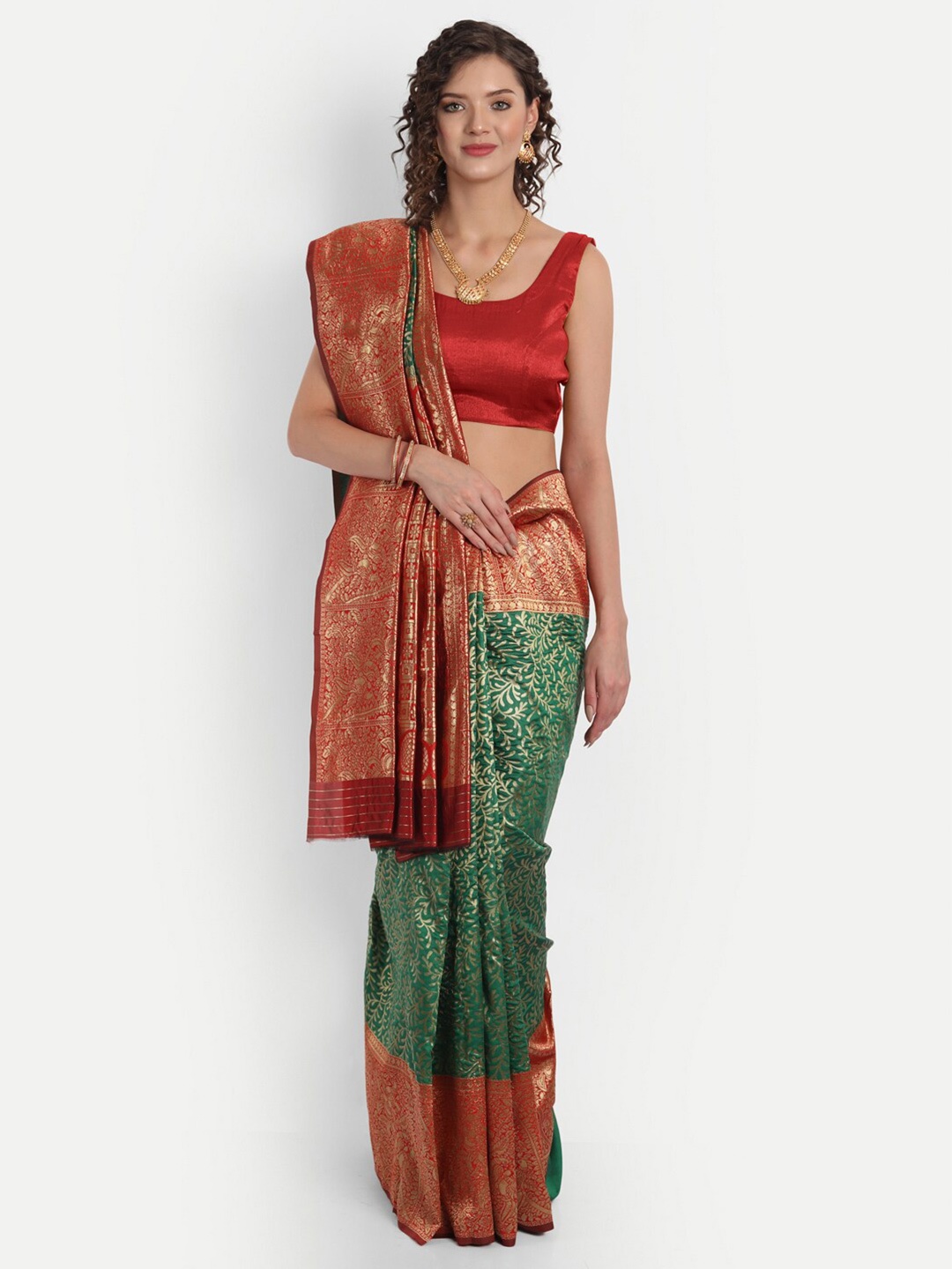 

ASPORA Green & Red Floral Zari Silk Blend Banarasi Saree