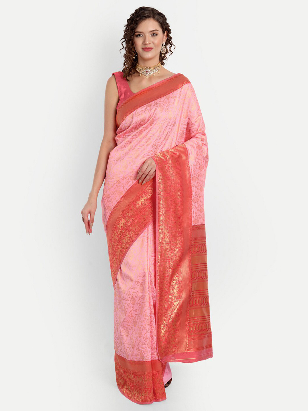 

ASPORA Pink & Coral Red Floral Zari Silk Blend Banarasi Saree
