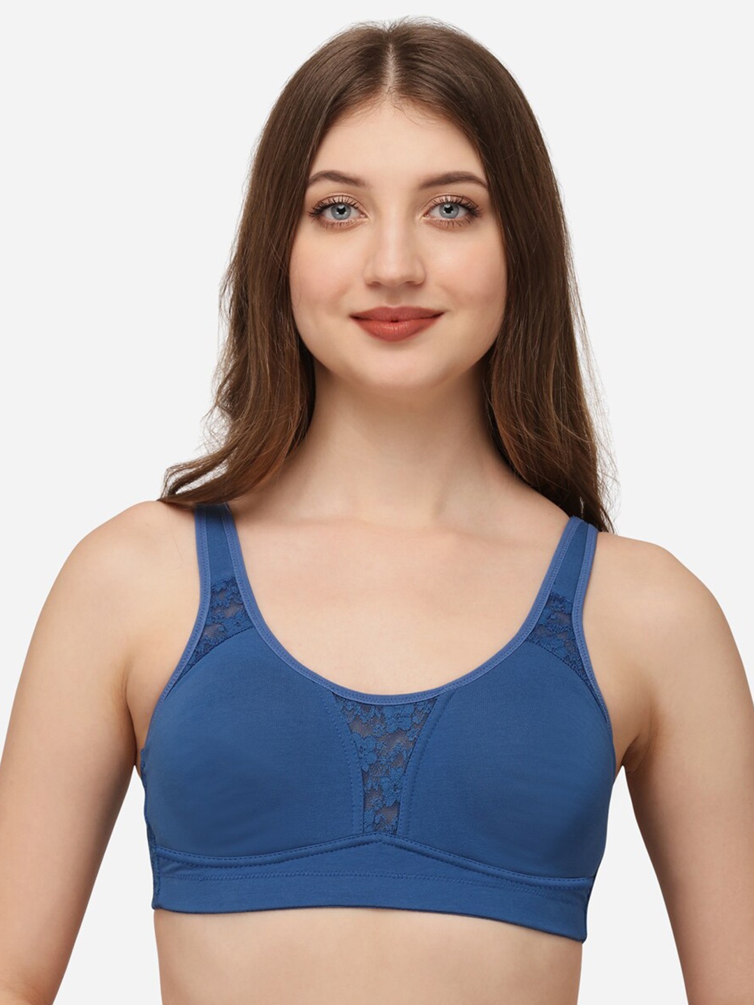 

SOIE Non Padded Non-Wired Full Coverage Stretch Cotton Minimizer Bra, Blue