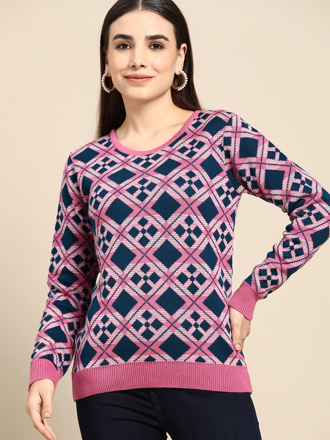 

Anouk Women Pink & Teal Green Checked Acrylic Sweater