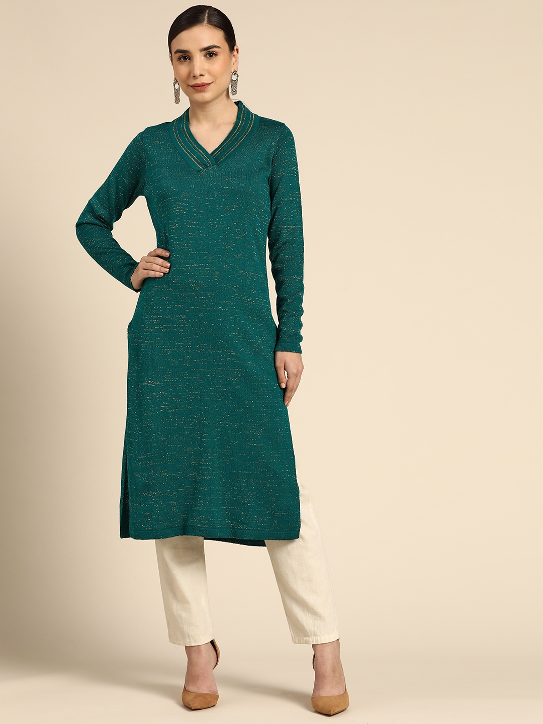 

Anouk Self Design V-Neck Straight Kurta, Teal