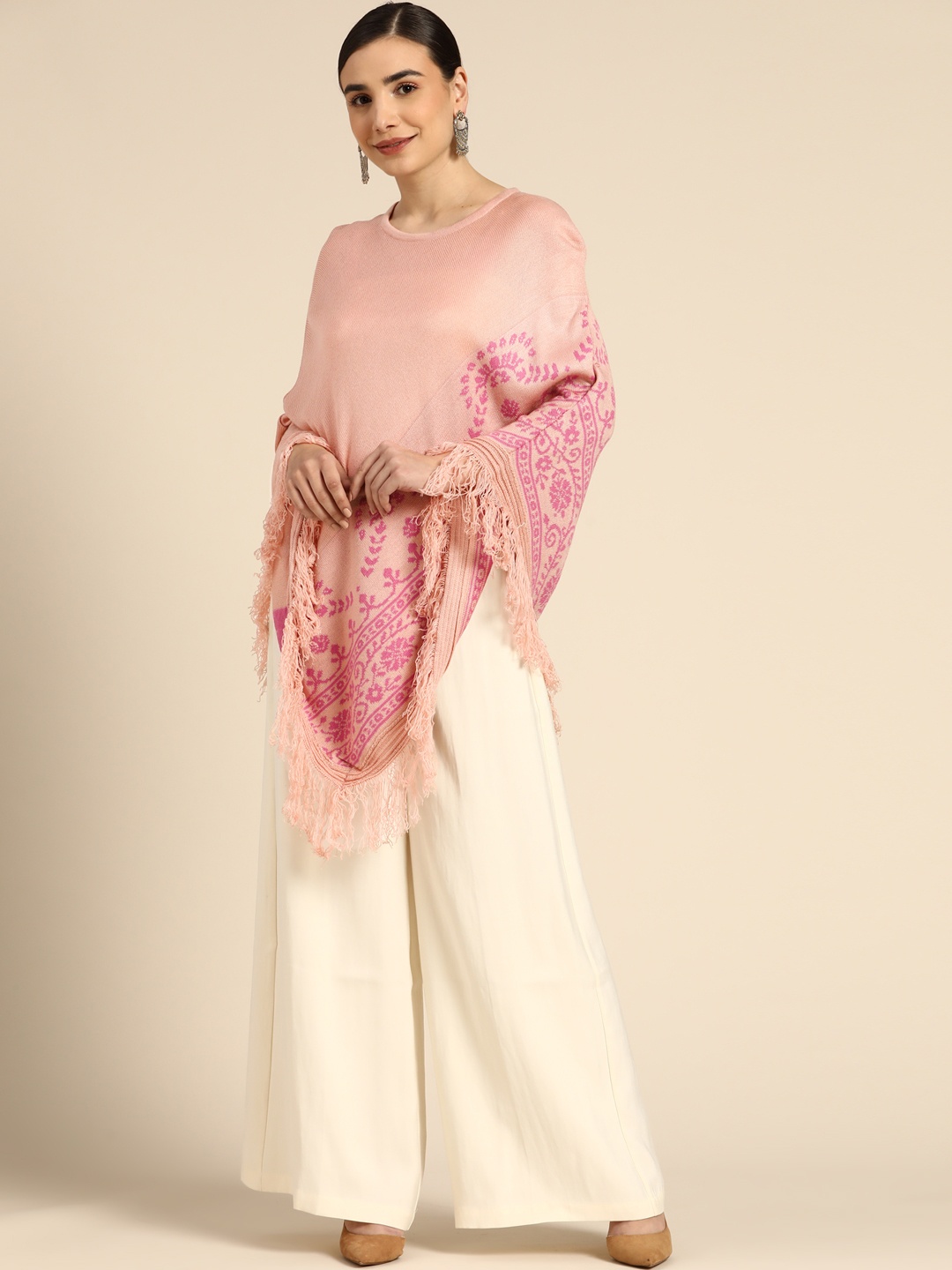 

Anouk Women Peach-Coloured & Pink Self Design Acrylic Poncho with Fringed Detail
