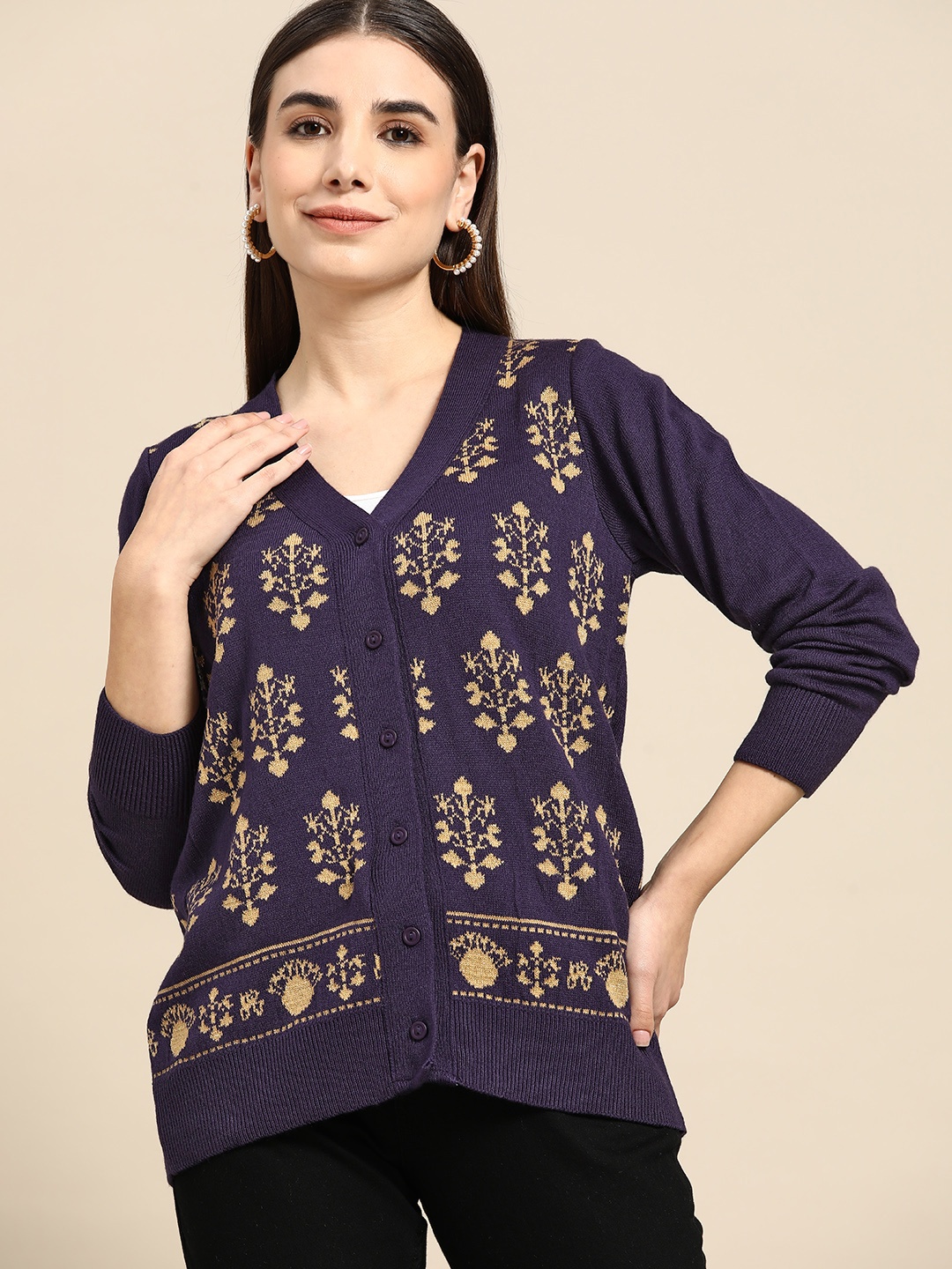 

Anouk Women Purple & Yellow Self-Design Acrylic Cardigan