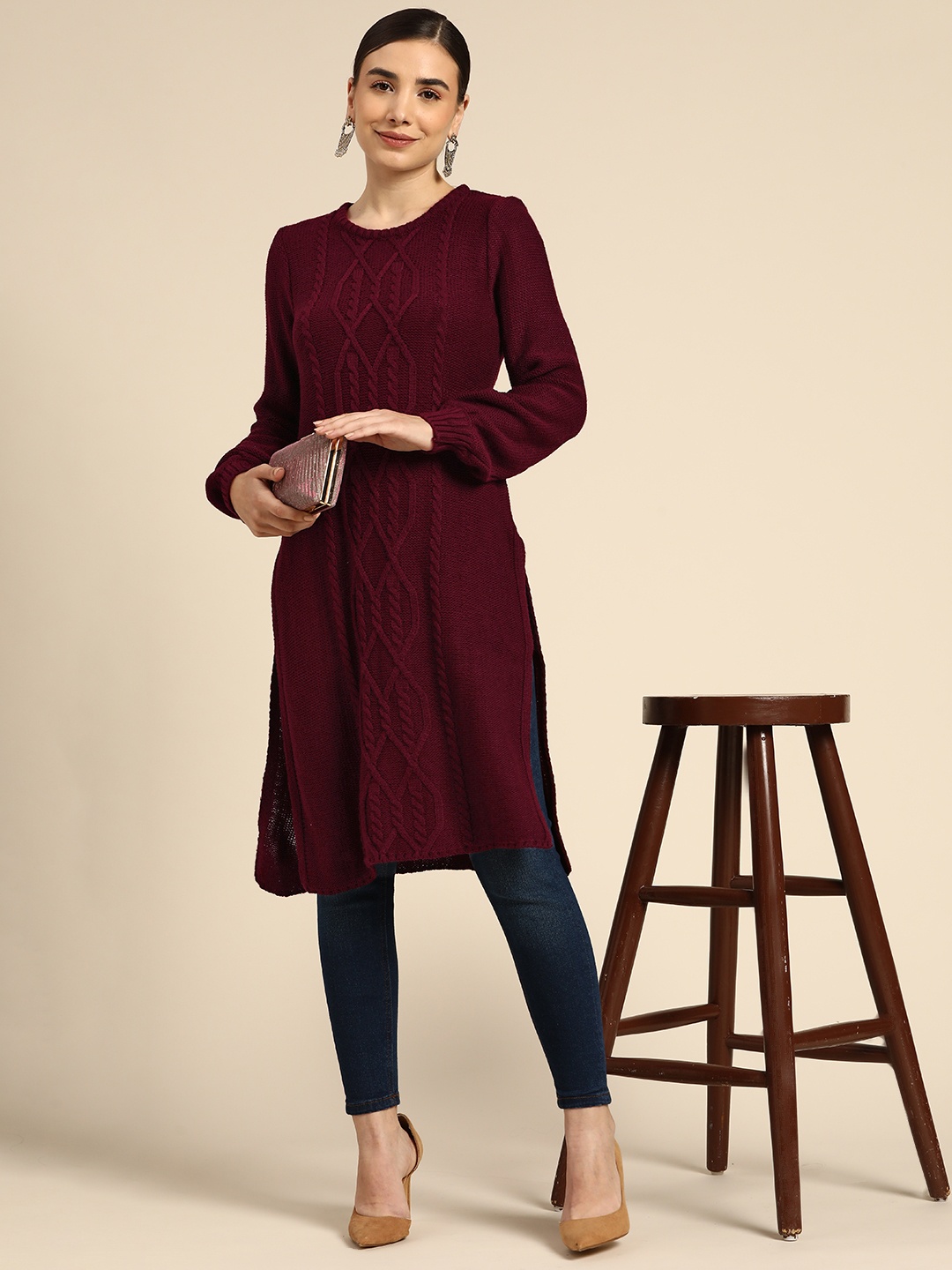 

Anouk Women Maroon Cable Knit Acrylic Puff Sleeves Winter Kurta