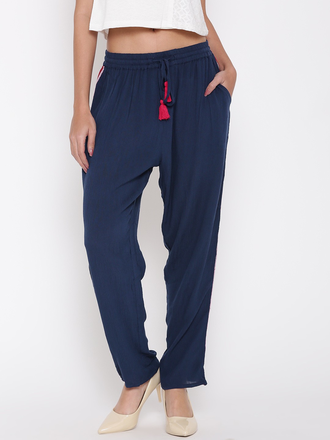 

Global Desi Women Navy Casual Trousers, Navy blue