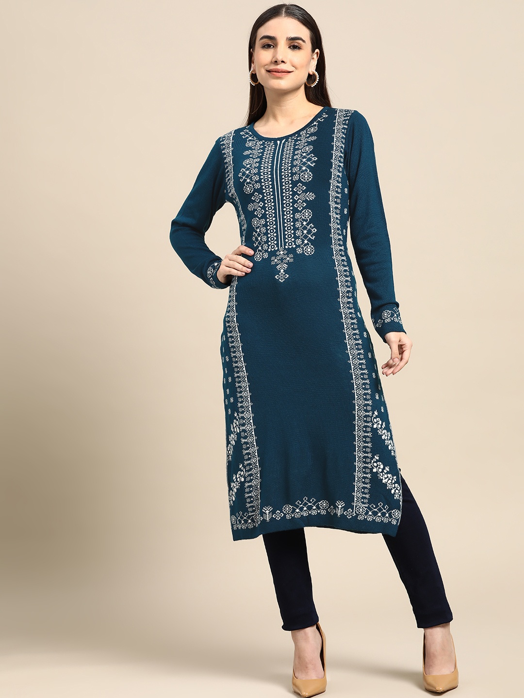 

Anouk Women Teal Blue & White Ethnic Motifs Acrylic Winter Kurta