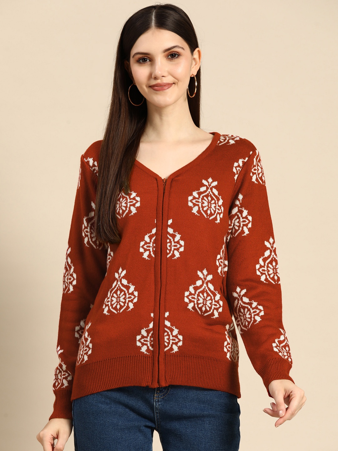 

Anouk Women Rust Orange & White Ethnic Motifs Cardigan