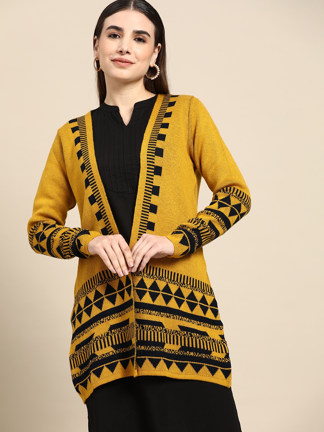 

Anouk Women Mustard Yellow & Navy Blue Longline Front-Open Acrylic Sweater