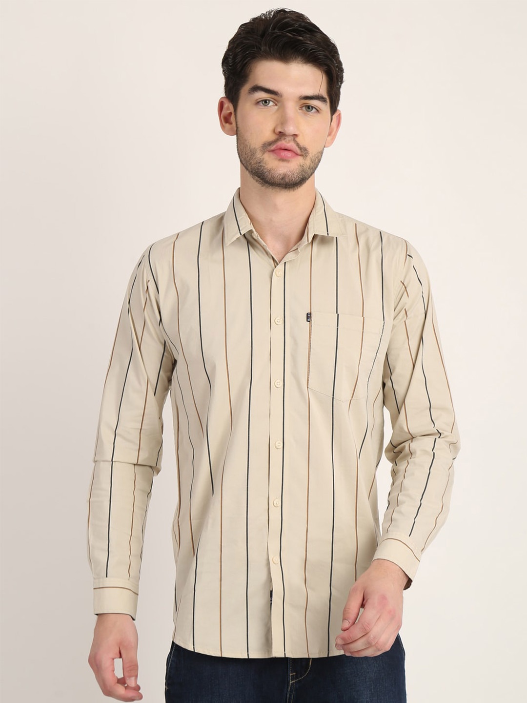 

COLVYNHARRIS JEANS Men Beige Standard Slim Fit Striped Casual Shirt