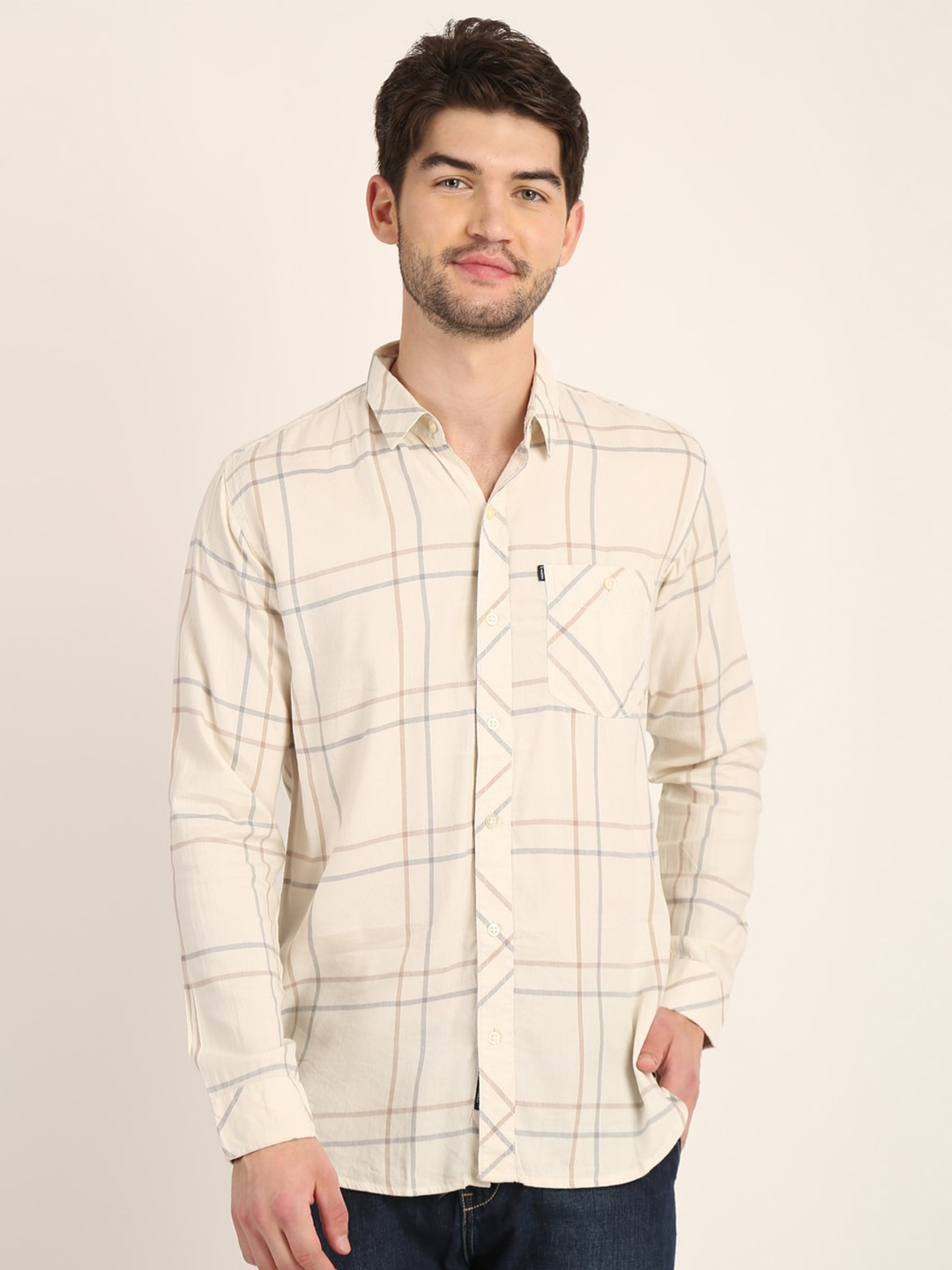 

COLVYNHARRIS JEANS Men Off White Premium Slim Fit Checked Casual Shirt
