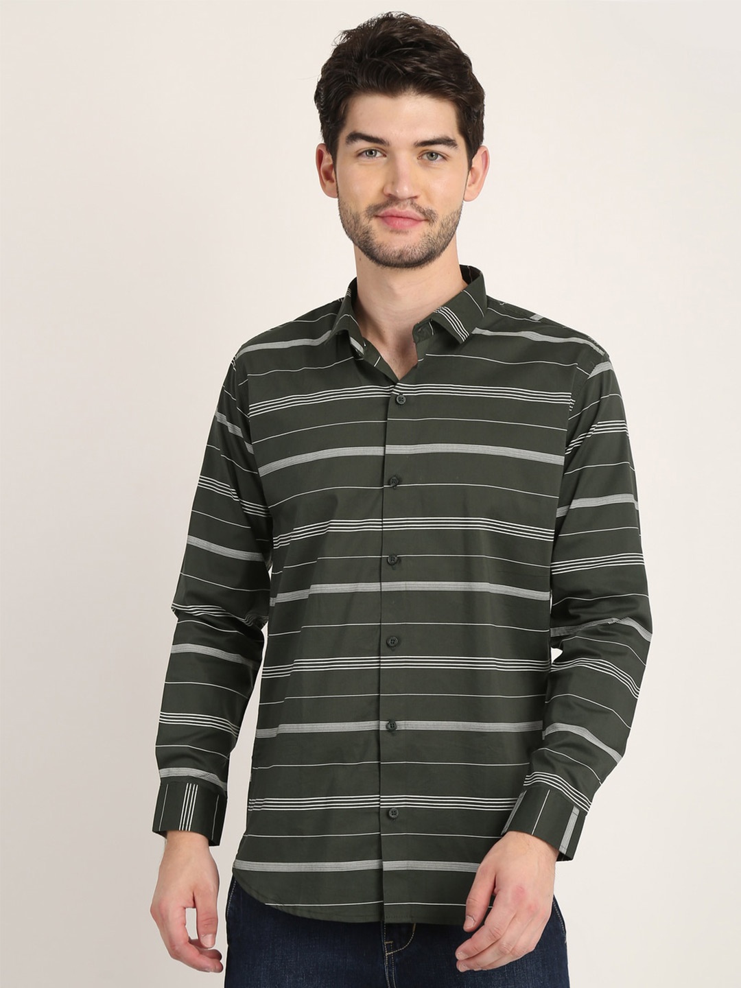 

COLVYNHARRIS JEANS Men Green Slim Fit Horizontal Stripes Striped Casual Shirt