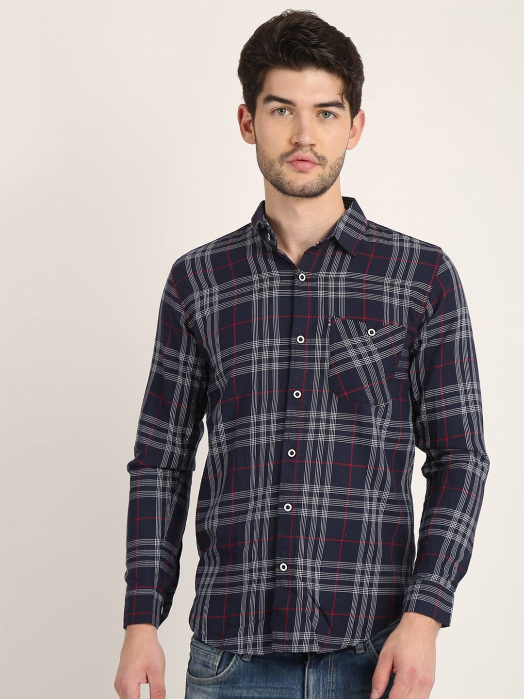 

COLVYNHARRIS JEANS Men Navy Blue Tartan Checked Premium Slim Fit Casual Shirt