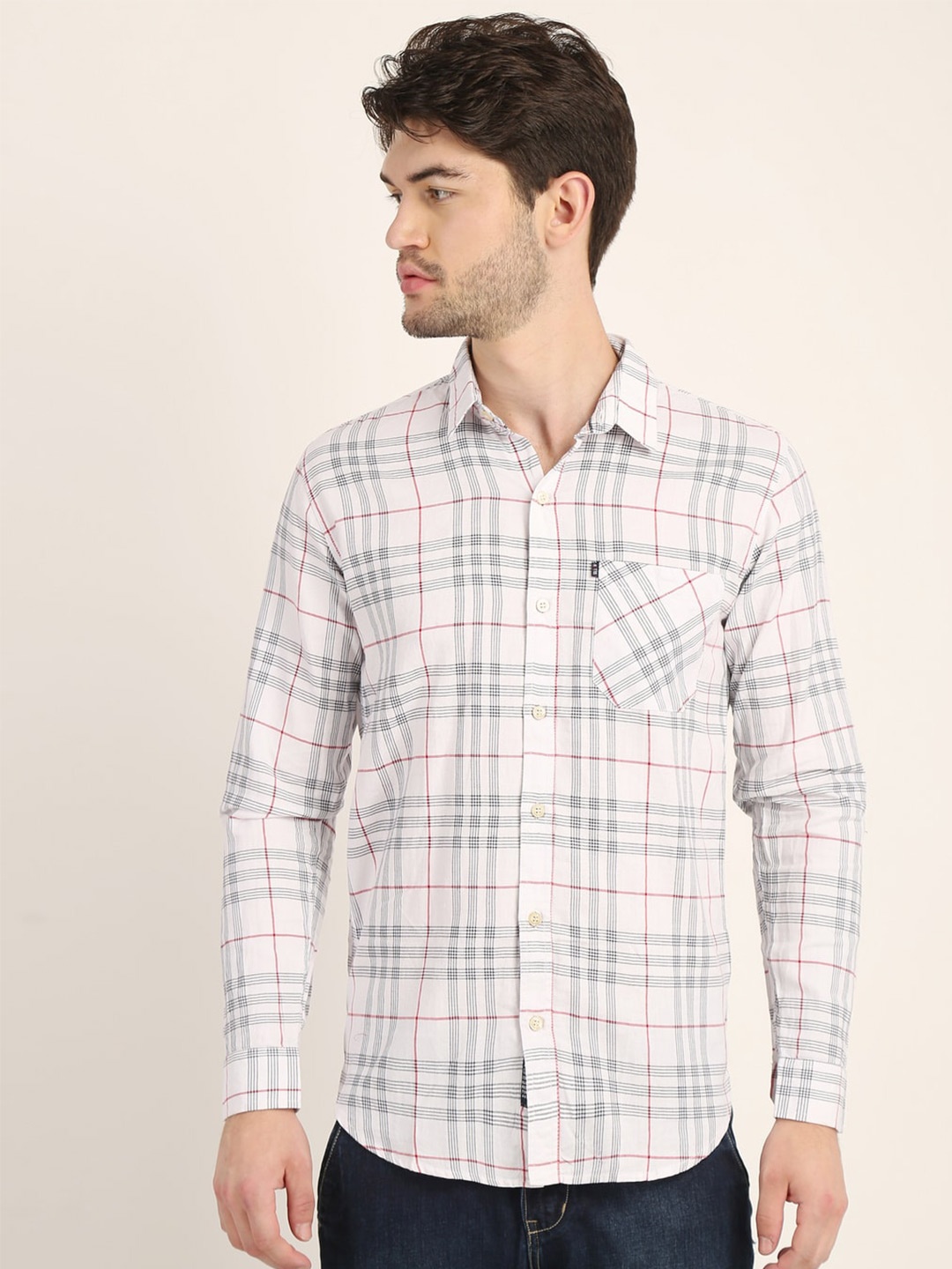 

COLVYNHARRIS JEANS Men White Premium Slim Fit Tartan Checked Casual Shirt
