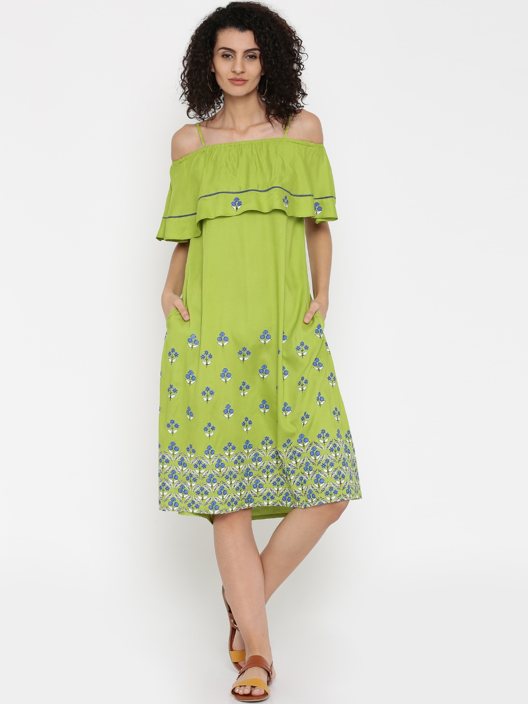 

Global Desi Women Green Floral Print A-Line Dress
