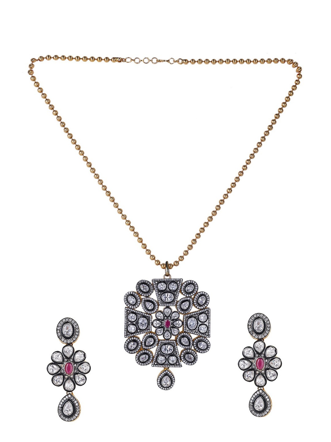 

Runjhun Gold-Plated Pink & White Kundan-Studded Jewellery Set