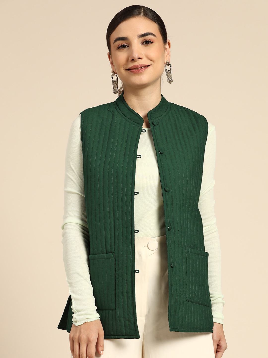 

Anouk Women Green Solid Pure Cotton Nehru Jacket