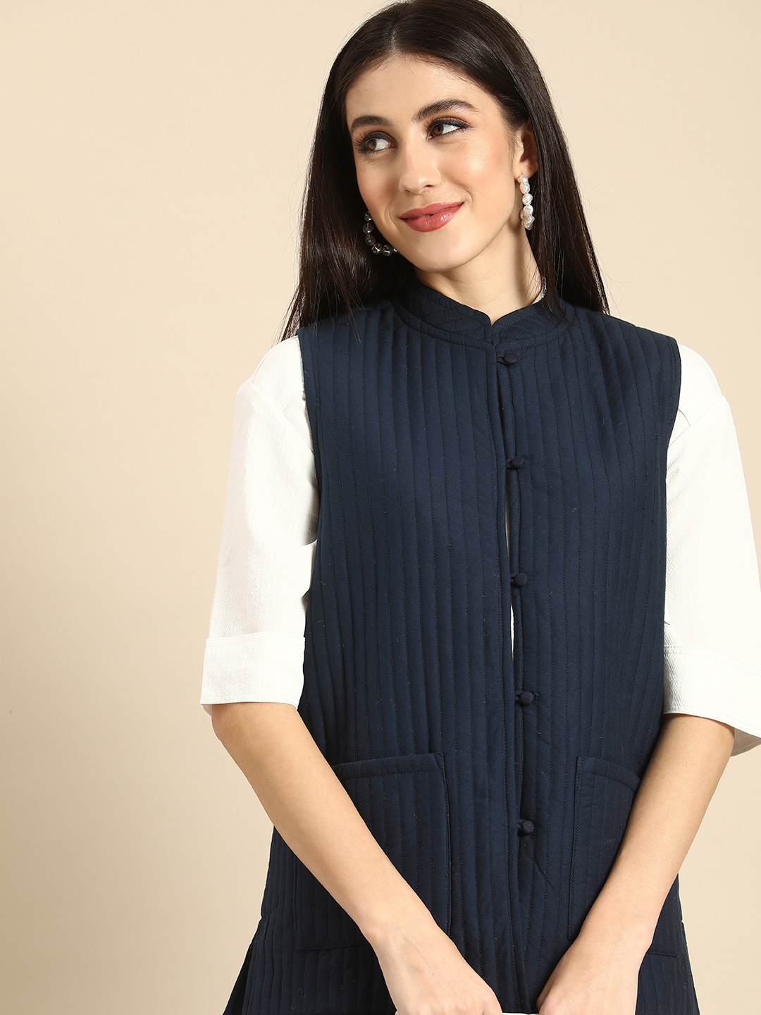 

Anouk Women Navy Blue Self Design Striped Quilted Nehru Jacket