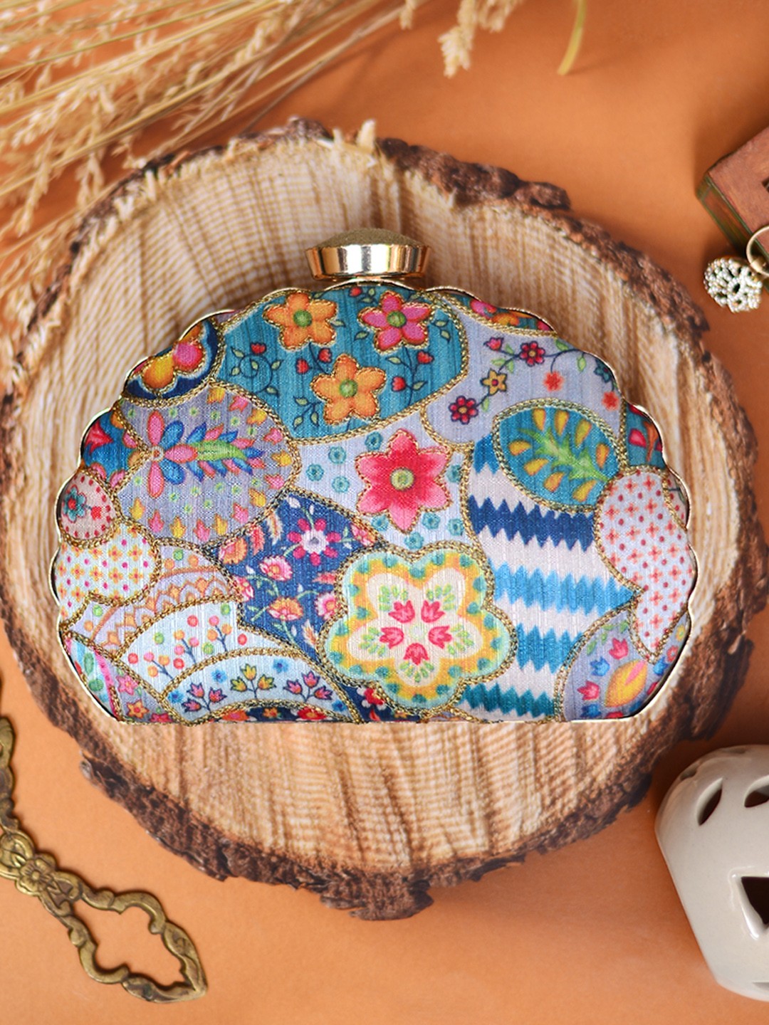 

ARTKLIM Blue & Pink Embroidered Box Clutch