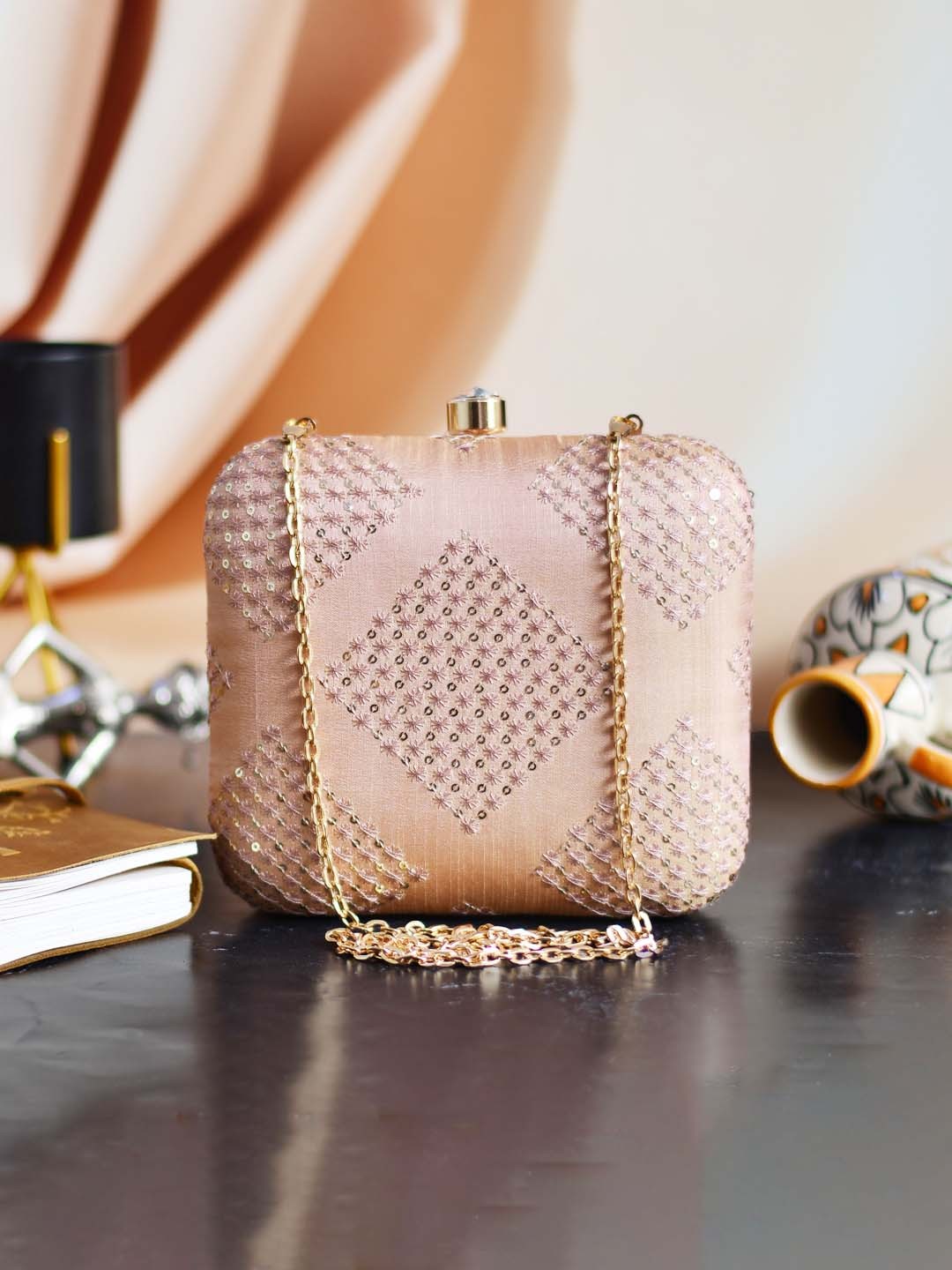 

ARTKLIM Beige Embroidered Box Clutch