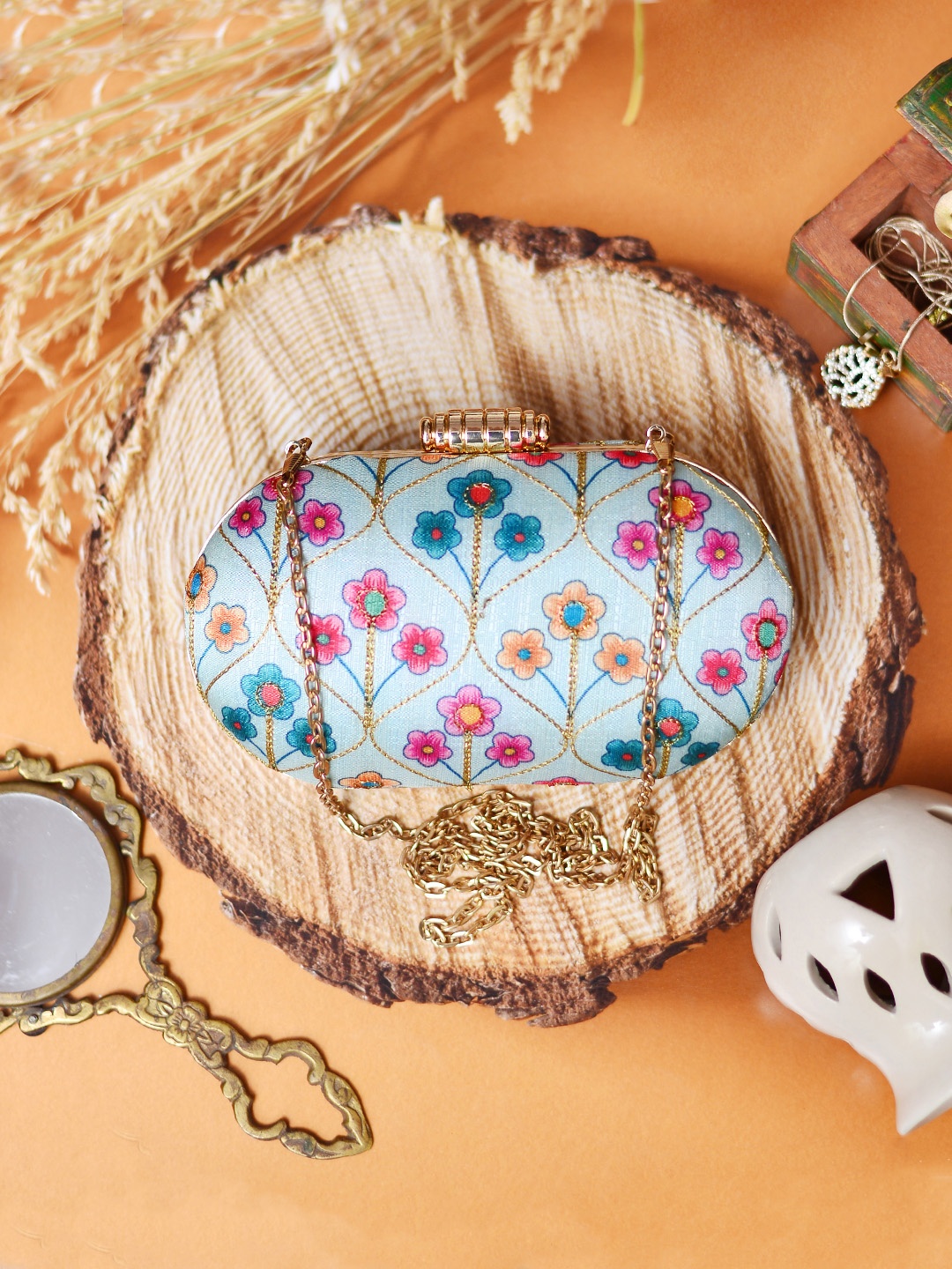 

ARTKLIM Blue & Green Embroidered Box Clutch
