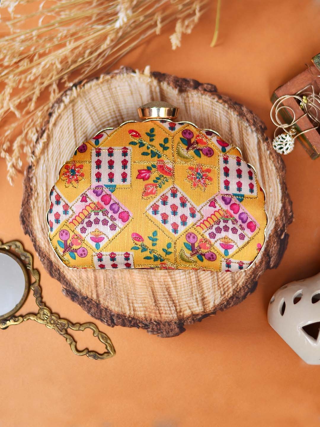 

ARTKLIM Yellow & Purple Embroidered Half Moon Clutch