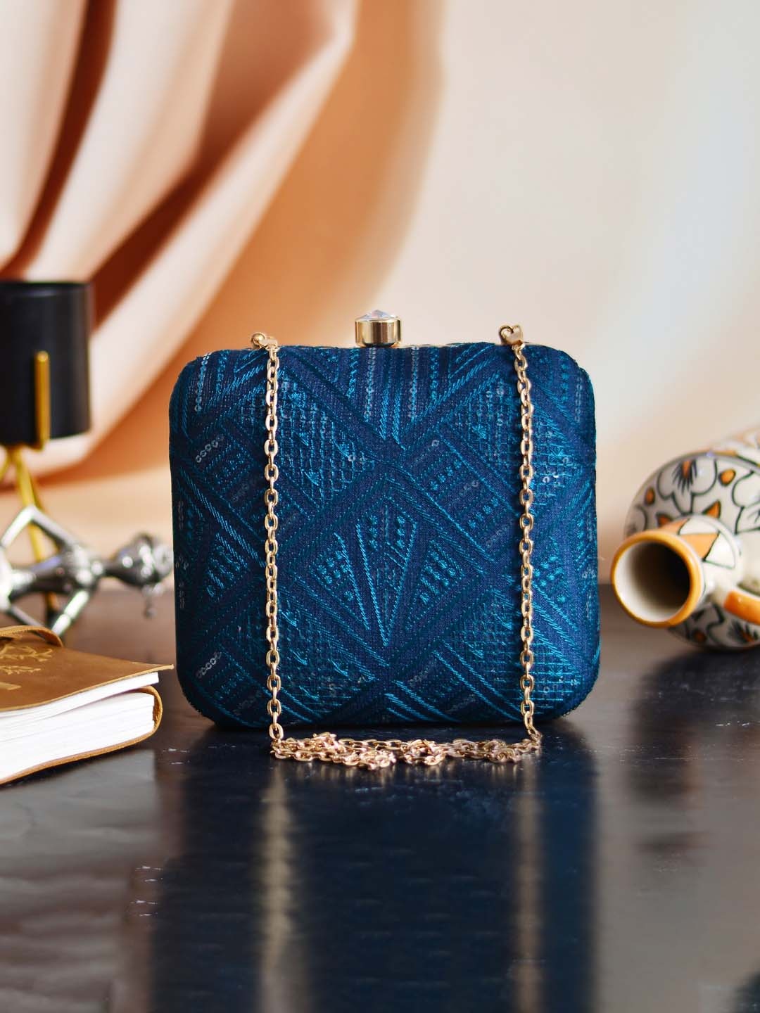ARTKLIM Blue Embroidered Box Clutch