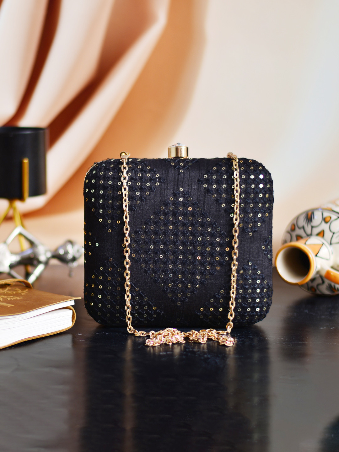 

ARTKLIM Women Black Embroidered Box Clutch