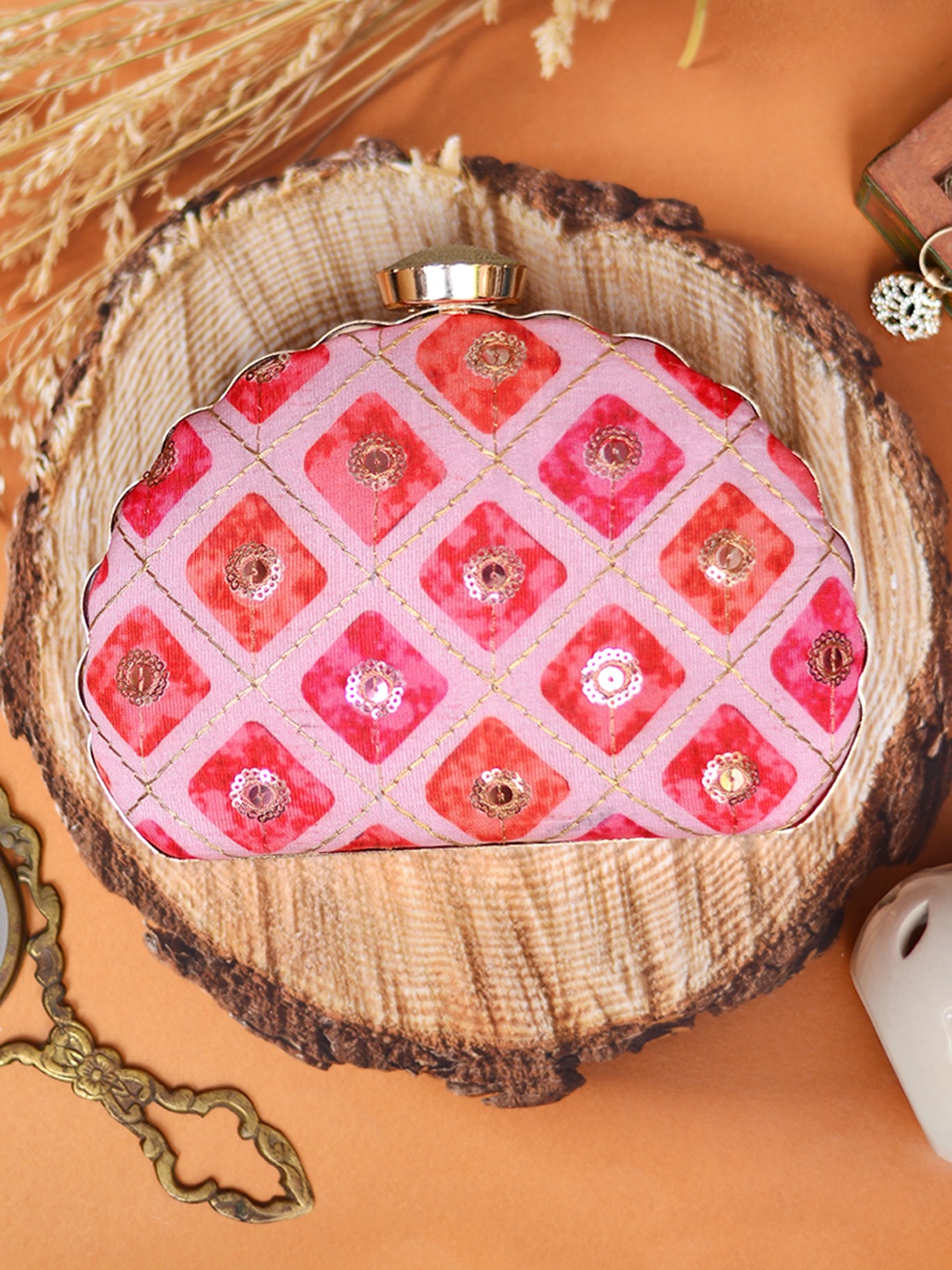 

ARTKLIM Pink & Red Embroidered Half Moon Clutch