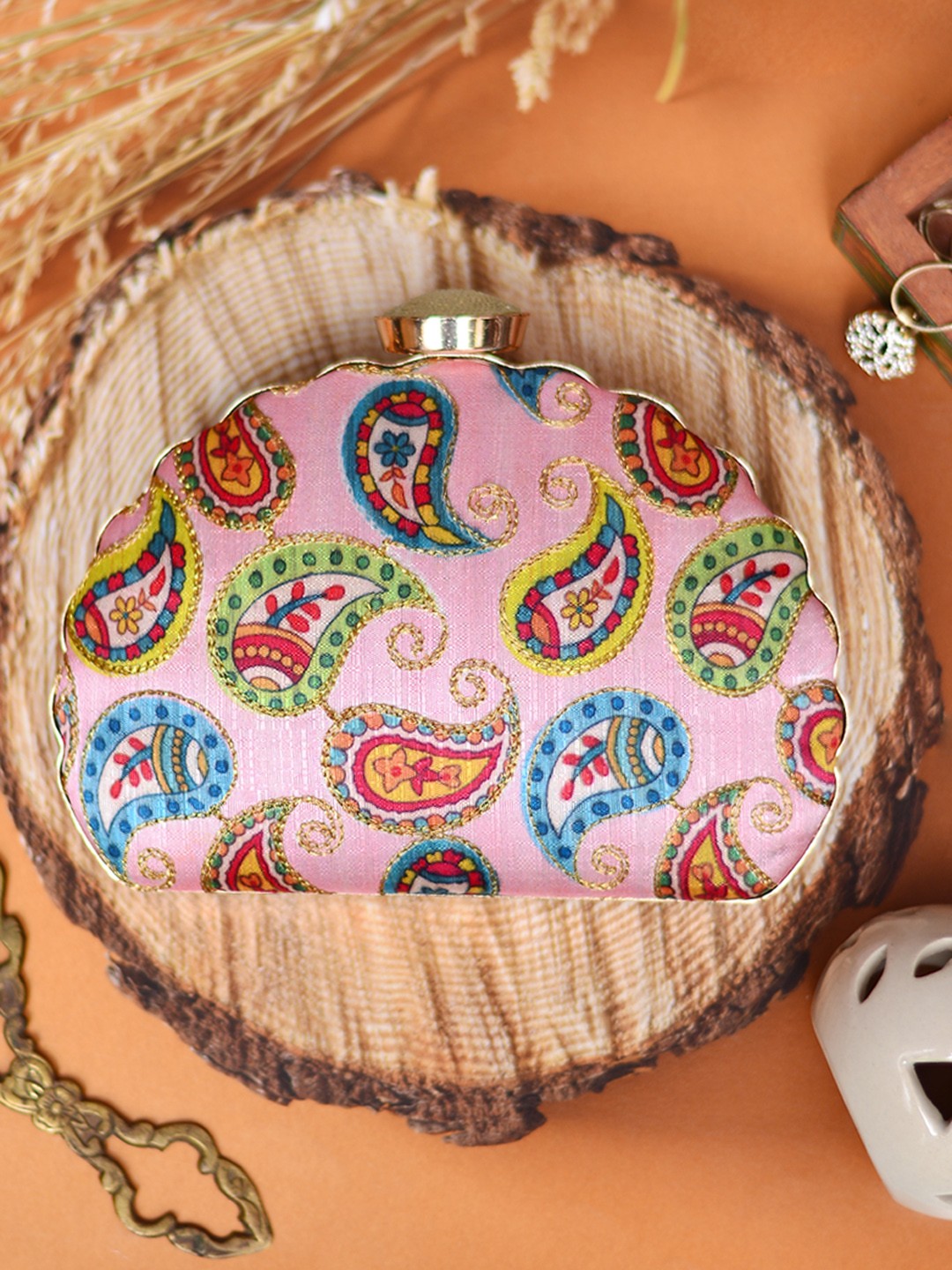 

ARTKLIM Pink & Multicolored Embroidered Fabric Box Clutch