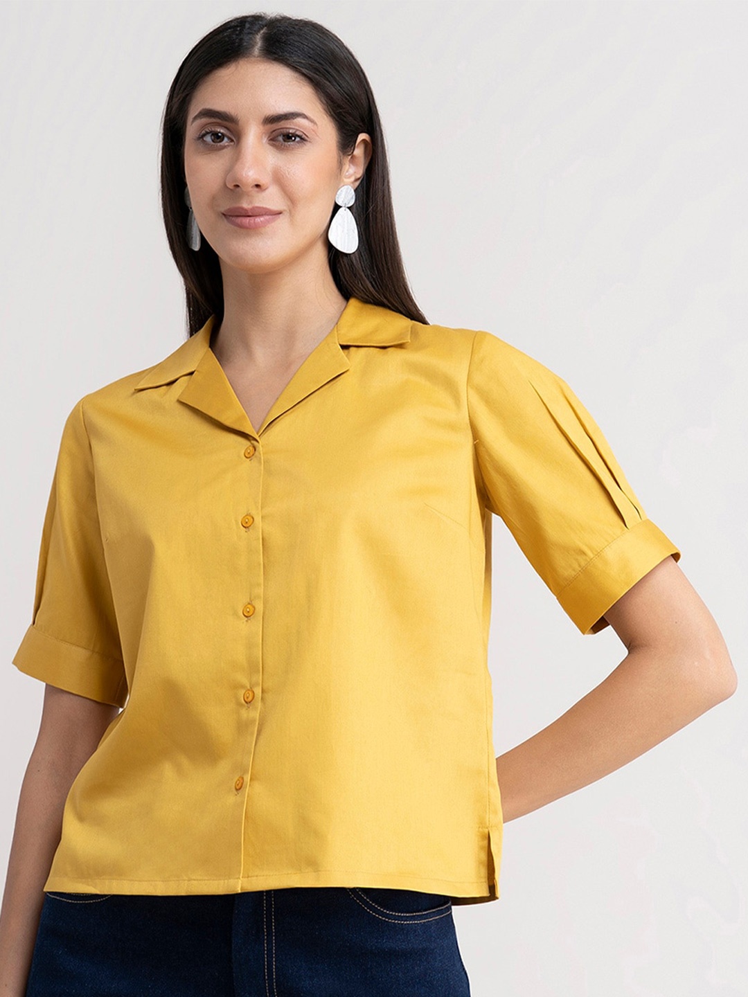 

FableStreet Mustard Yellow Solid Cotton Satin Shirt Style Top
