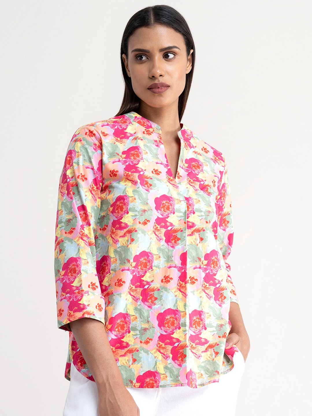 

FableStreet Pink & Green Floral Print Mandarin Pure Cotton Collar Top